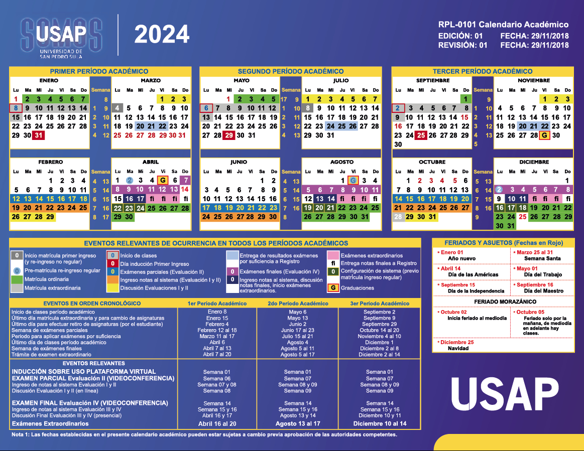 Calendario Y Eventos | Universidad De San Pedro Sula | Usap | Calendrier Usap 2024 2025