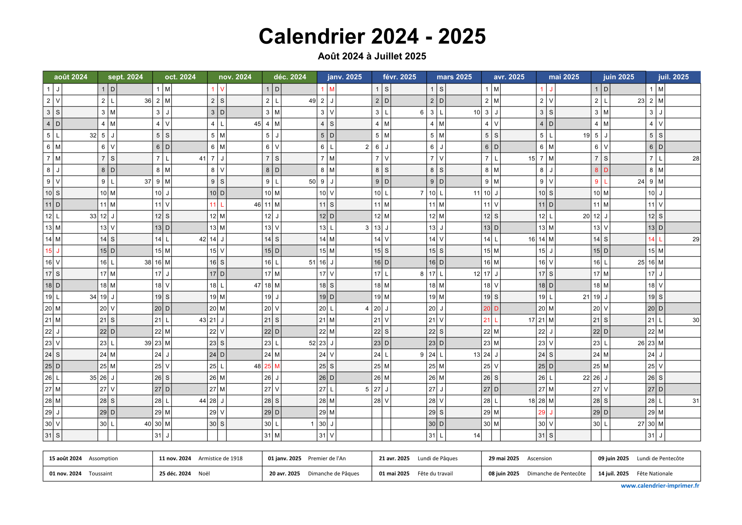 Calendrier 2024-2025 À Imprimer | 2024 2025 Calendrier