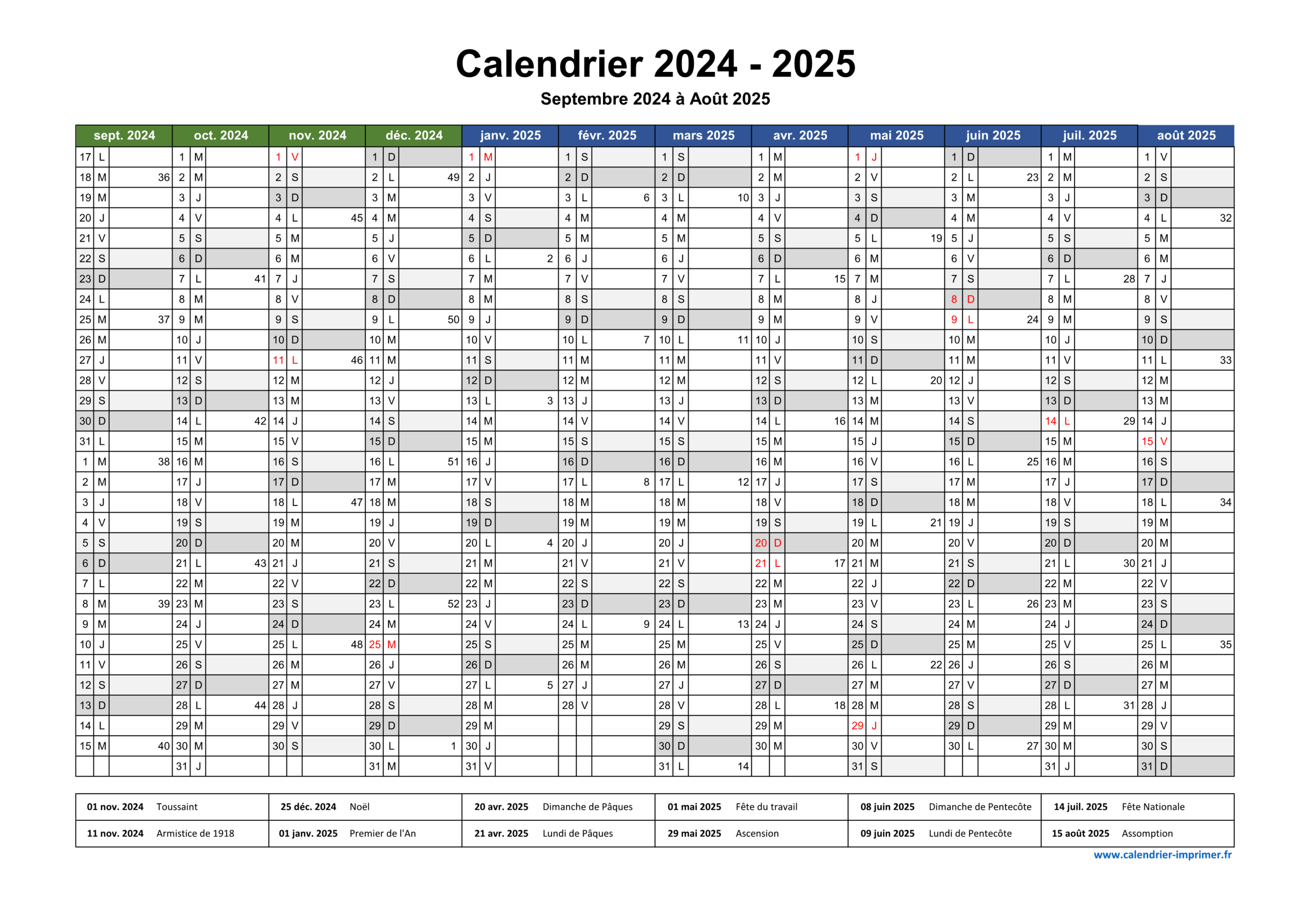 Calendrier 2024-2025 À Imprimer | Calendrier 2024 Scolaire 2025 A Imprimer