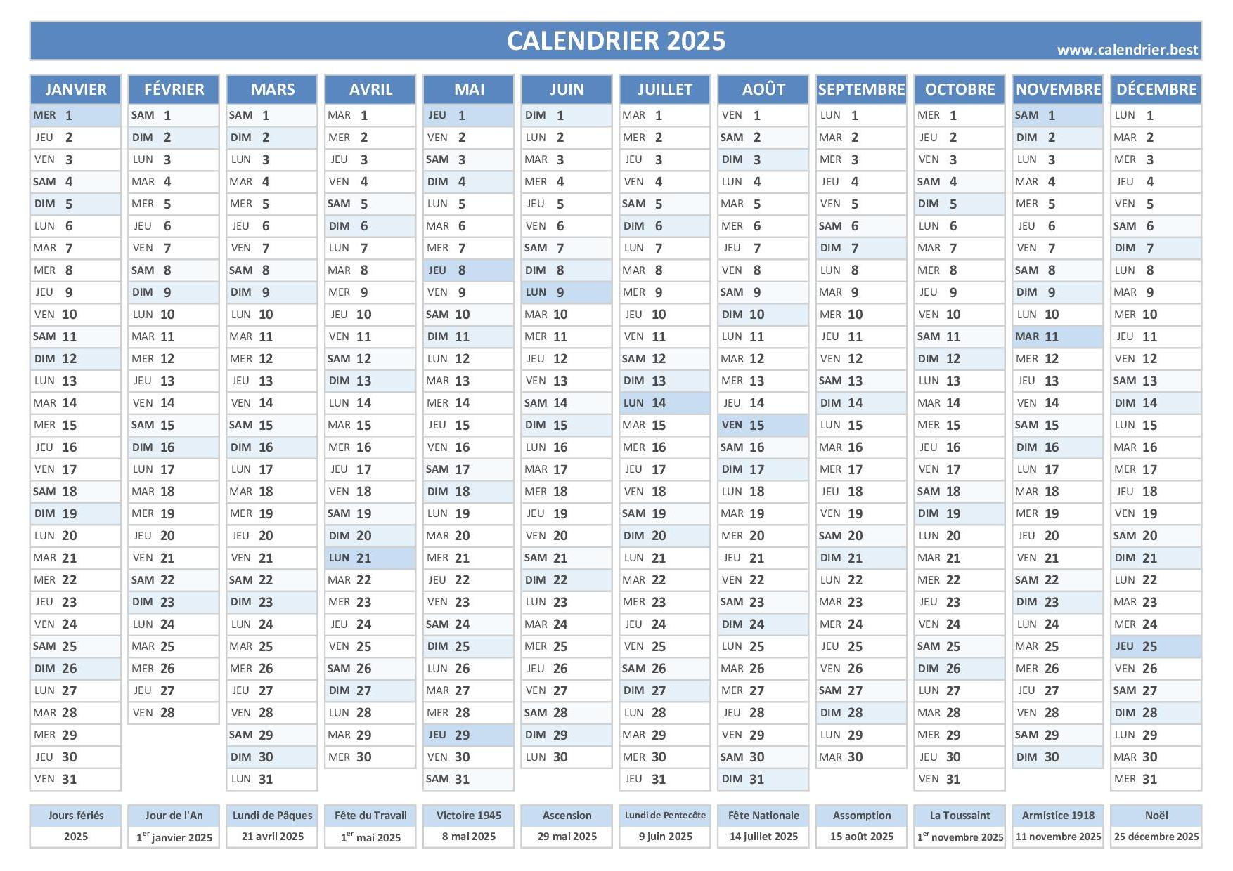 Calendrier 2025 À Imprimer | Calendrier 2025 à Imprimer Avec Jours Fériés