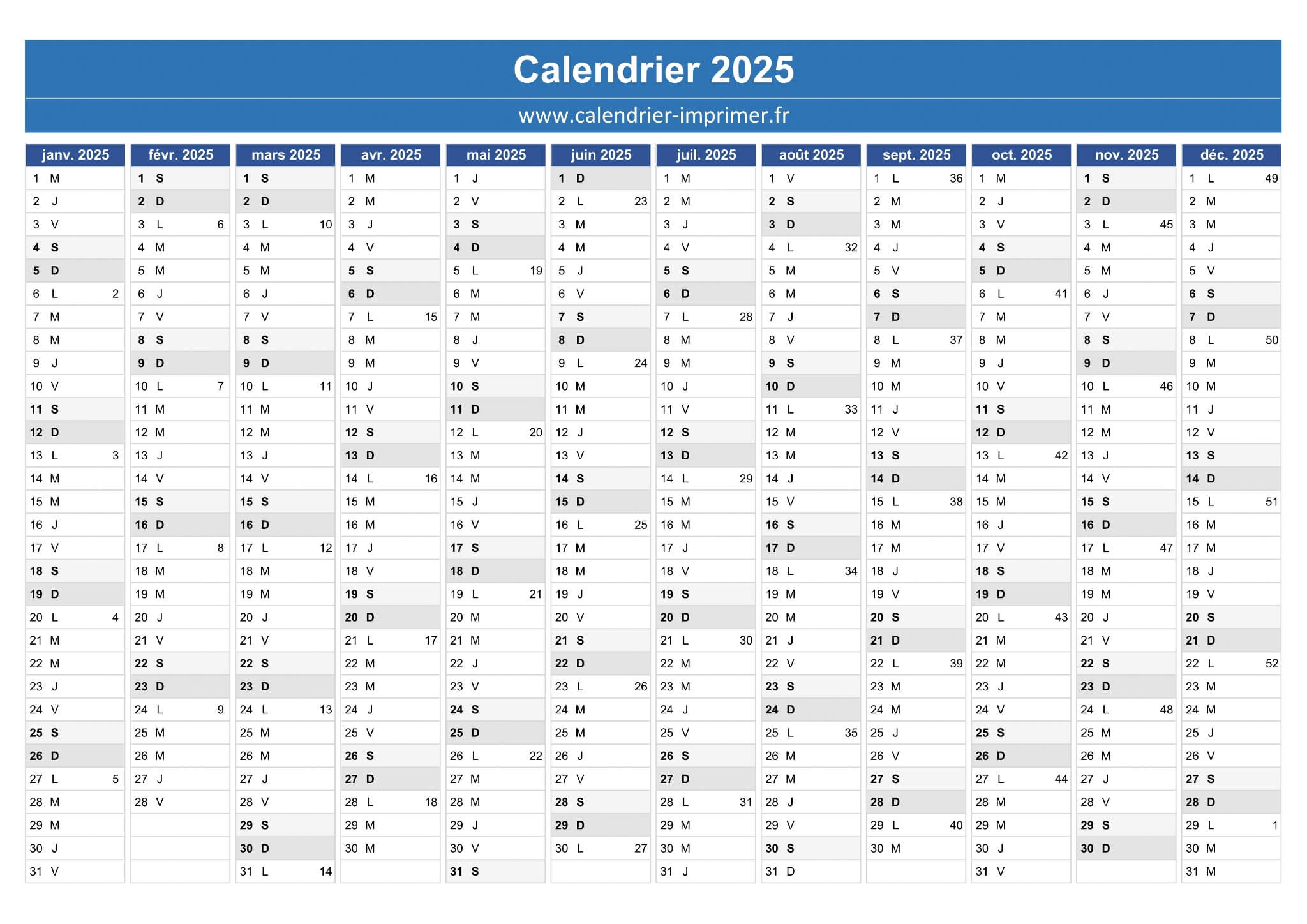 Calendrier 2025 À Imprimer Gratuit | 2025 Calendrier