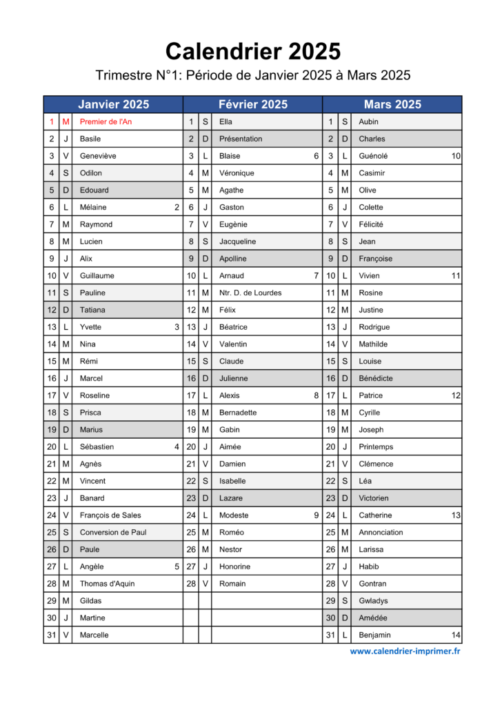 Calendrier 2025 à Imprimer Gratuit Format A4