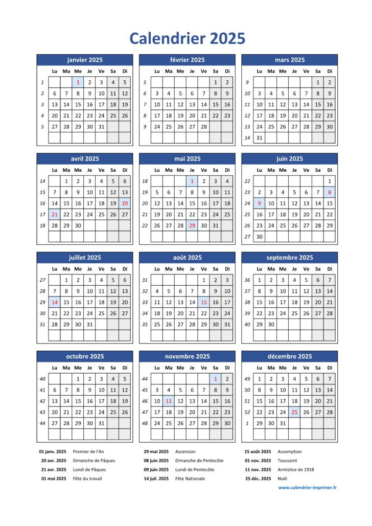 Calendrier 2025 Gratuit à Imprimer