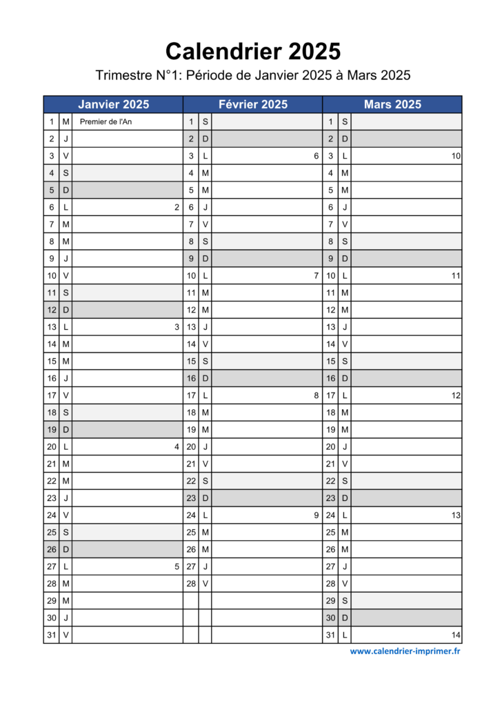 Calendrier 2025 Vierge à Imprimer