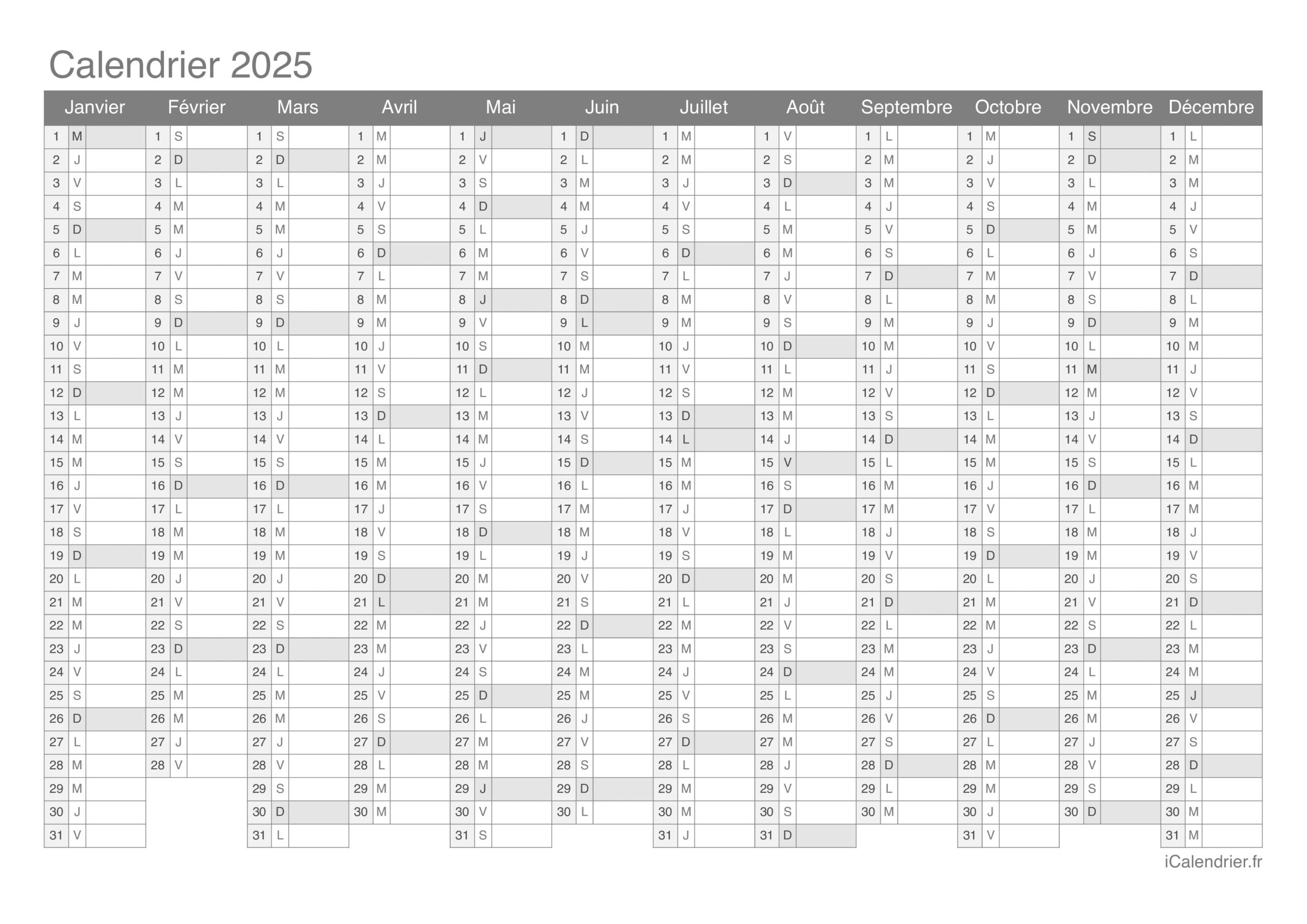 Calendrier 2025 À Imprimer Pdf Et Excel | Calendrier 2025 Gratuit Impression