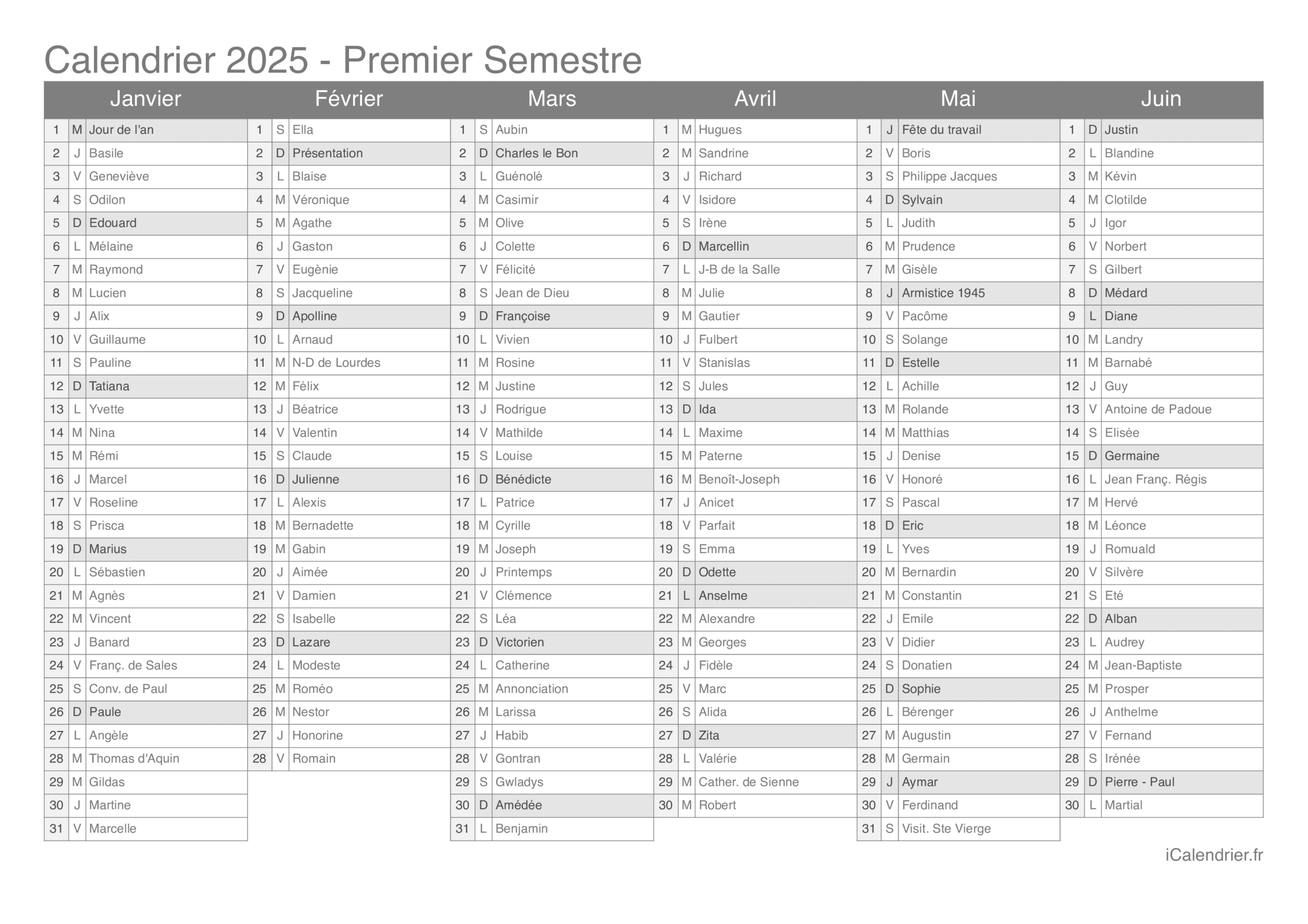 Calendrier 2025 À Imprimer Pdf Et Excel | Calendrier Semestre 2025