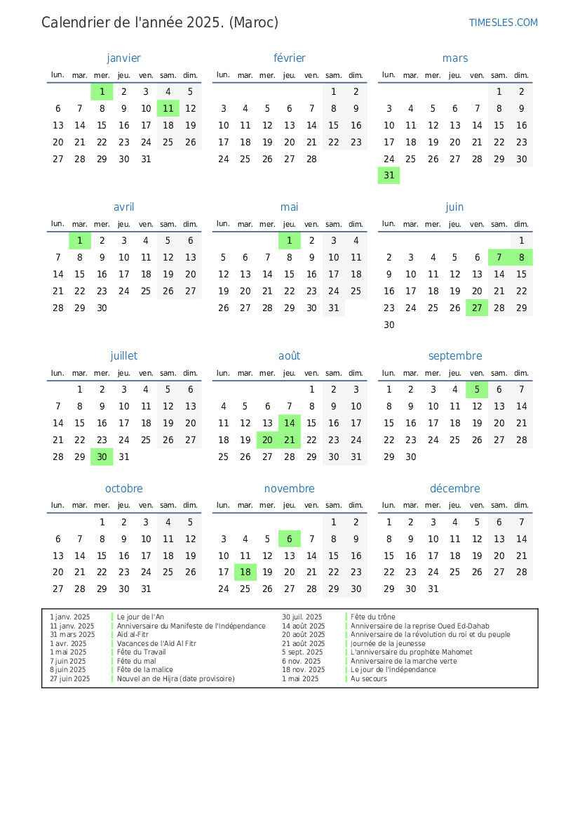 Calendrier 2025 Avec Jours Fériés Au Maroc | Imprimer Et | Calendrier 2025 Avec Jours Fériés Maroc