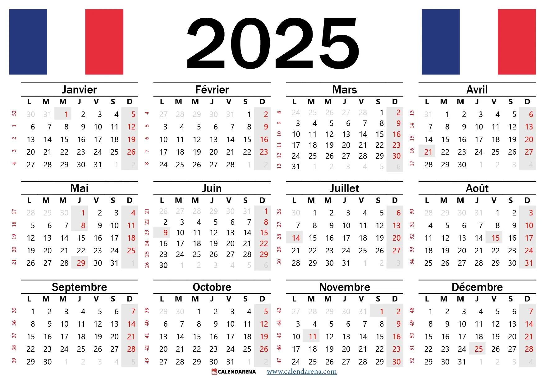 Calendrier 2025 Avec Jours Fériés | Calendrier 2025 à Imprimer Gratuit Format A4