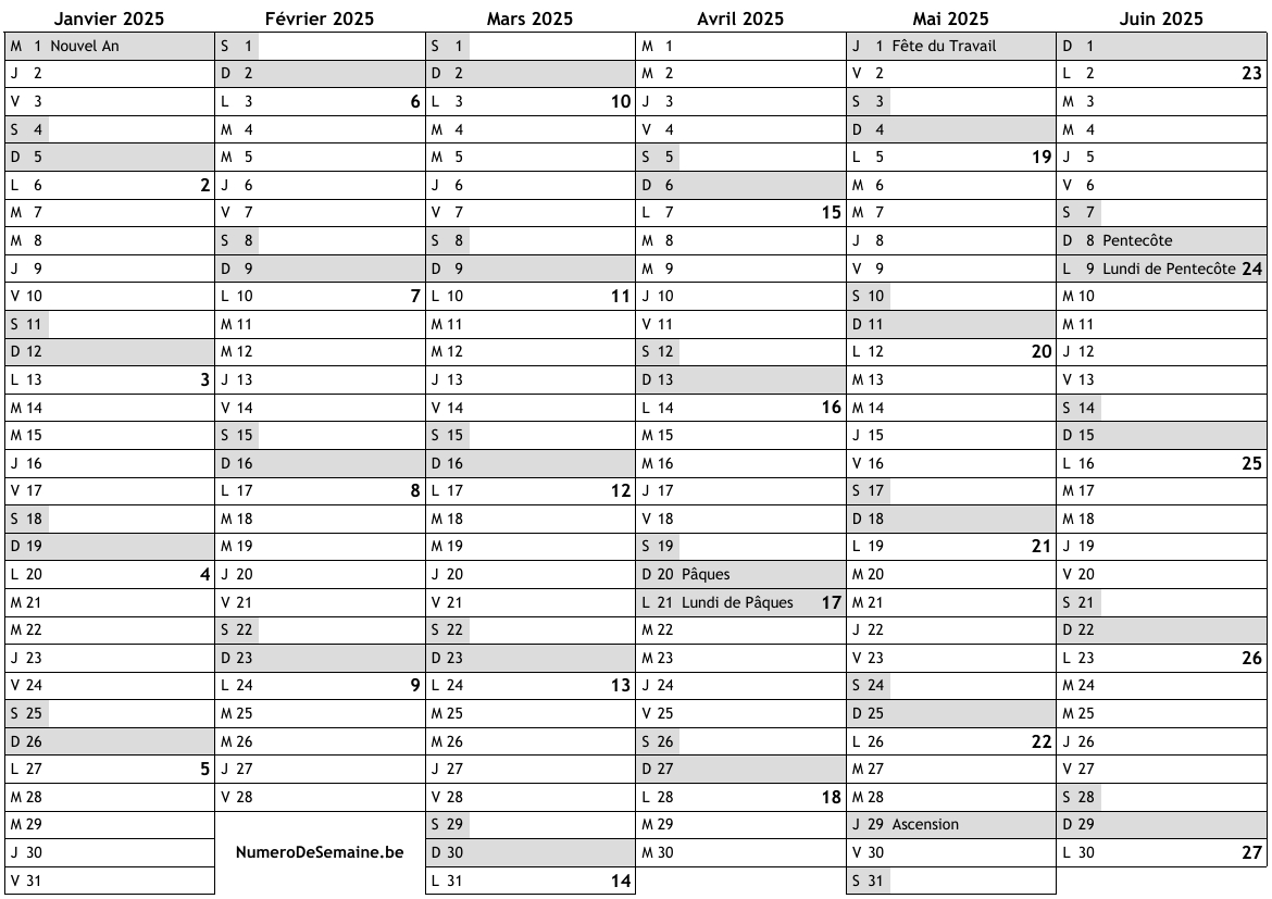 Calendrier 2025 Avec Jours Fériés En Belgique Et Numéro Des | Calendrier 2025 à Imprimer Belgique