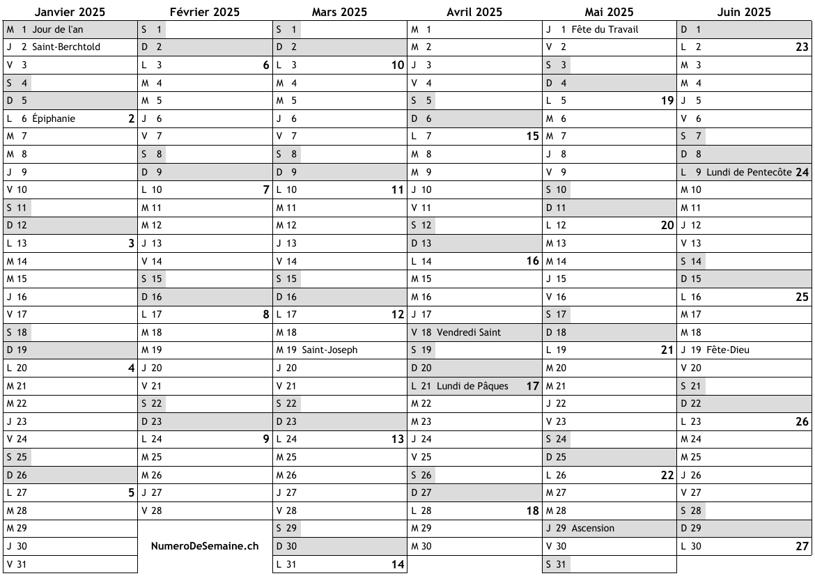 Calendrier 2025 Avec Jours Fériés En Suisse Et Numéro Des Semaines | Calendrier 2025 Avec Jours Fériés Suisse