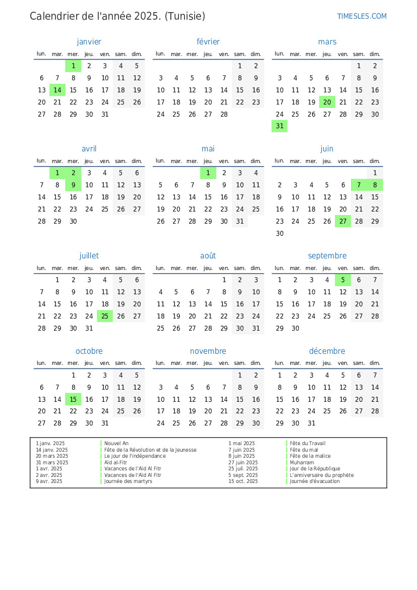 Calendrier 2025 Avec Jours Fériés En Tunisie | Imprimer Et | Calendrier 2025 Avec Jours Fériés Tunisie