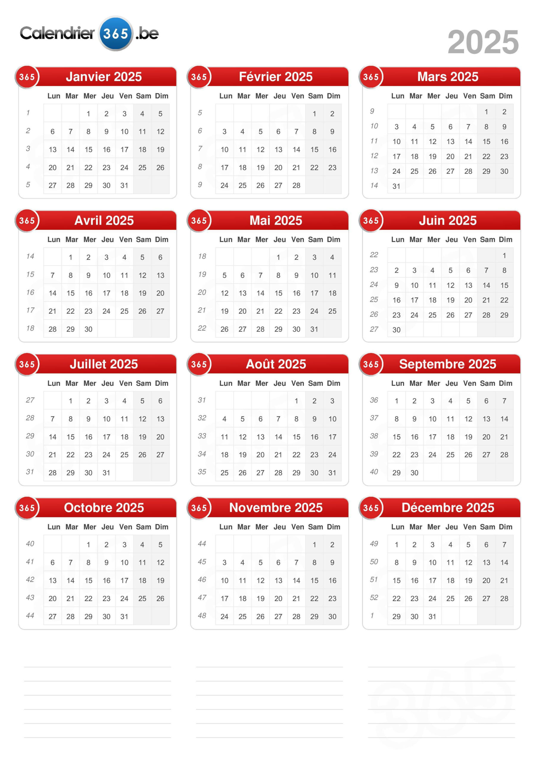 Calendrier 2025 | Calendrier 2025 à Imprimer Belgique