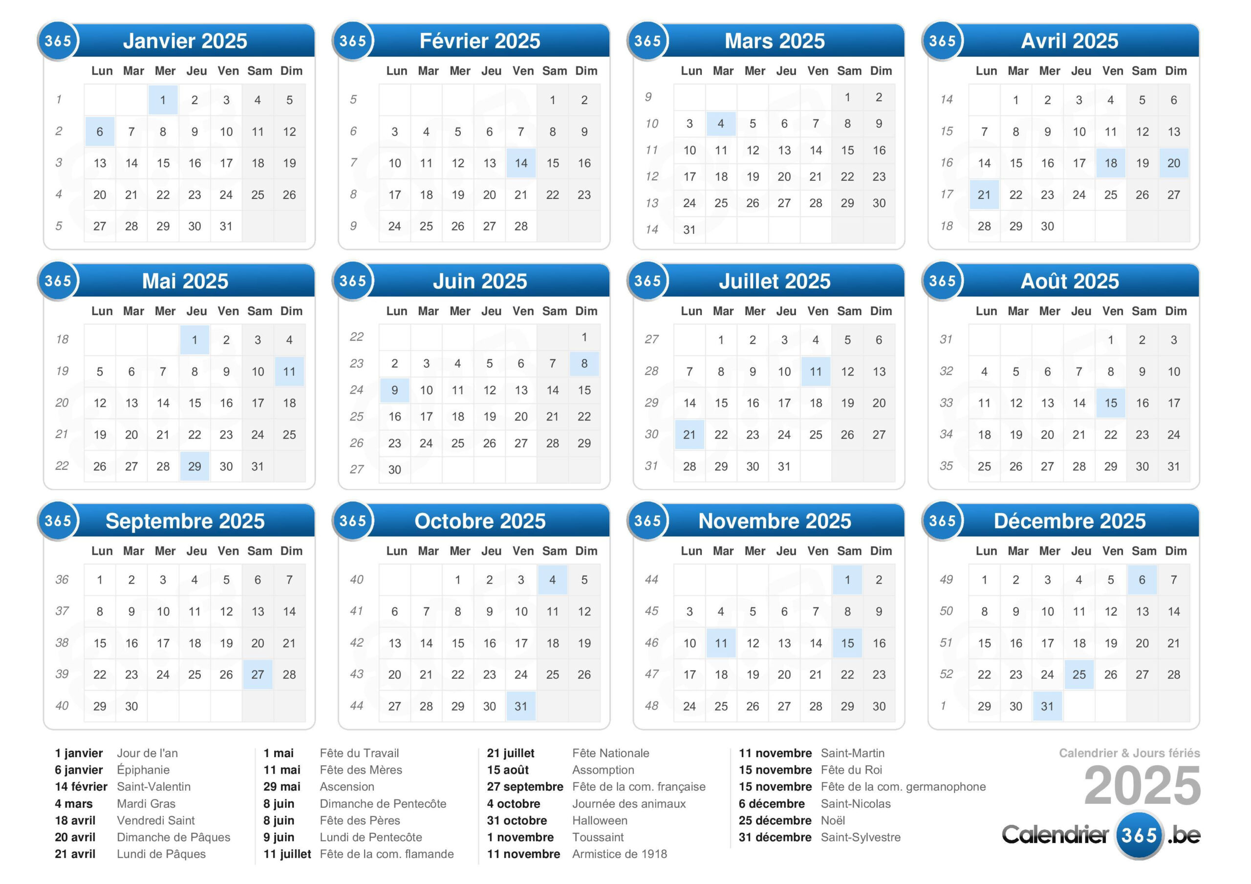 Calendrier 2025 | Calendrier 2025 Belgique