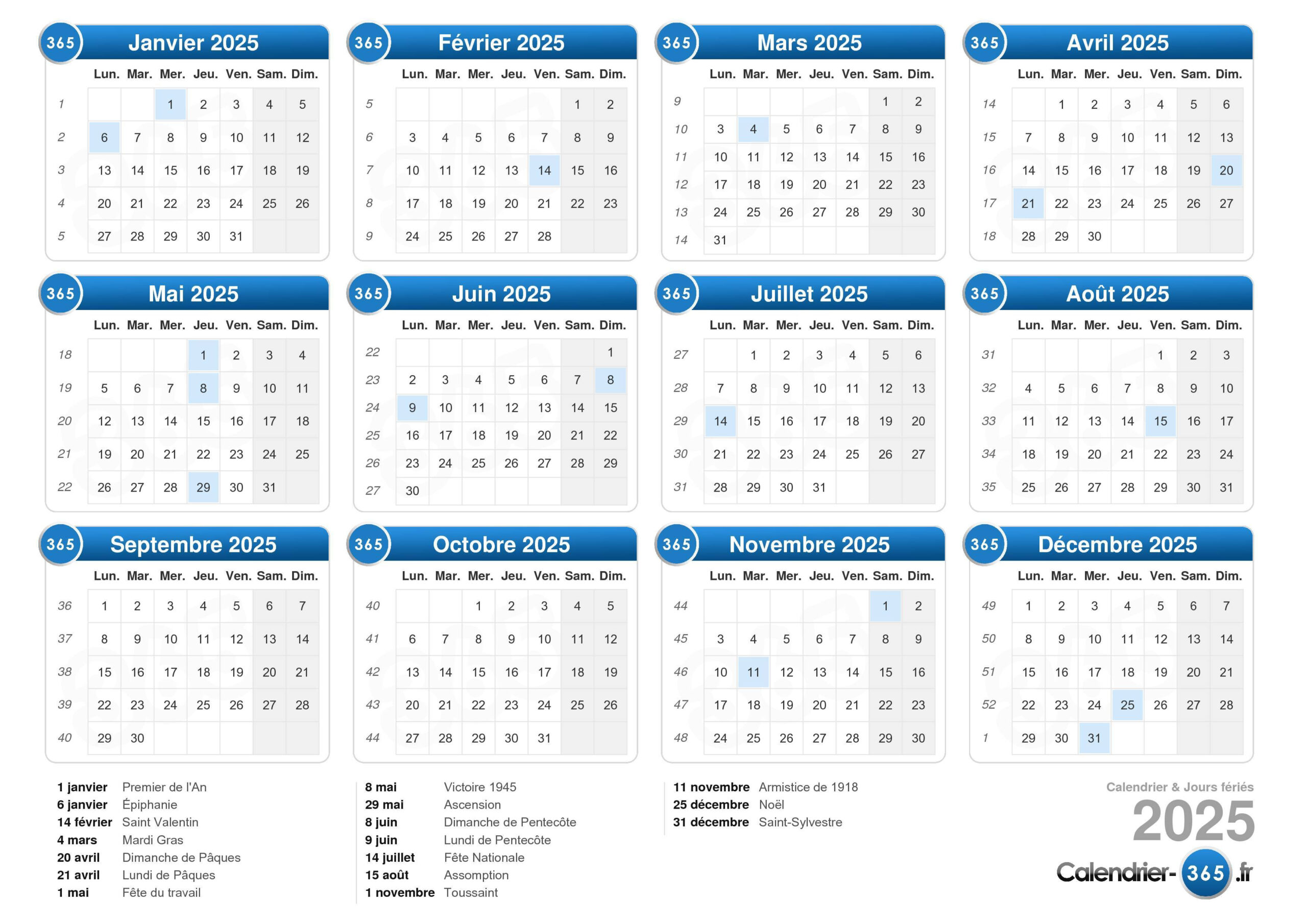 Calendrier 2025 | Calendrier 2025 Francais