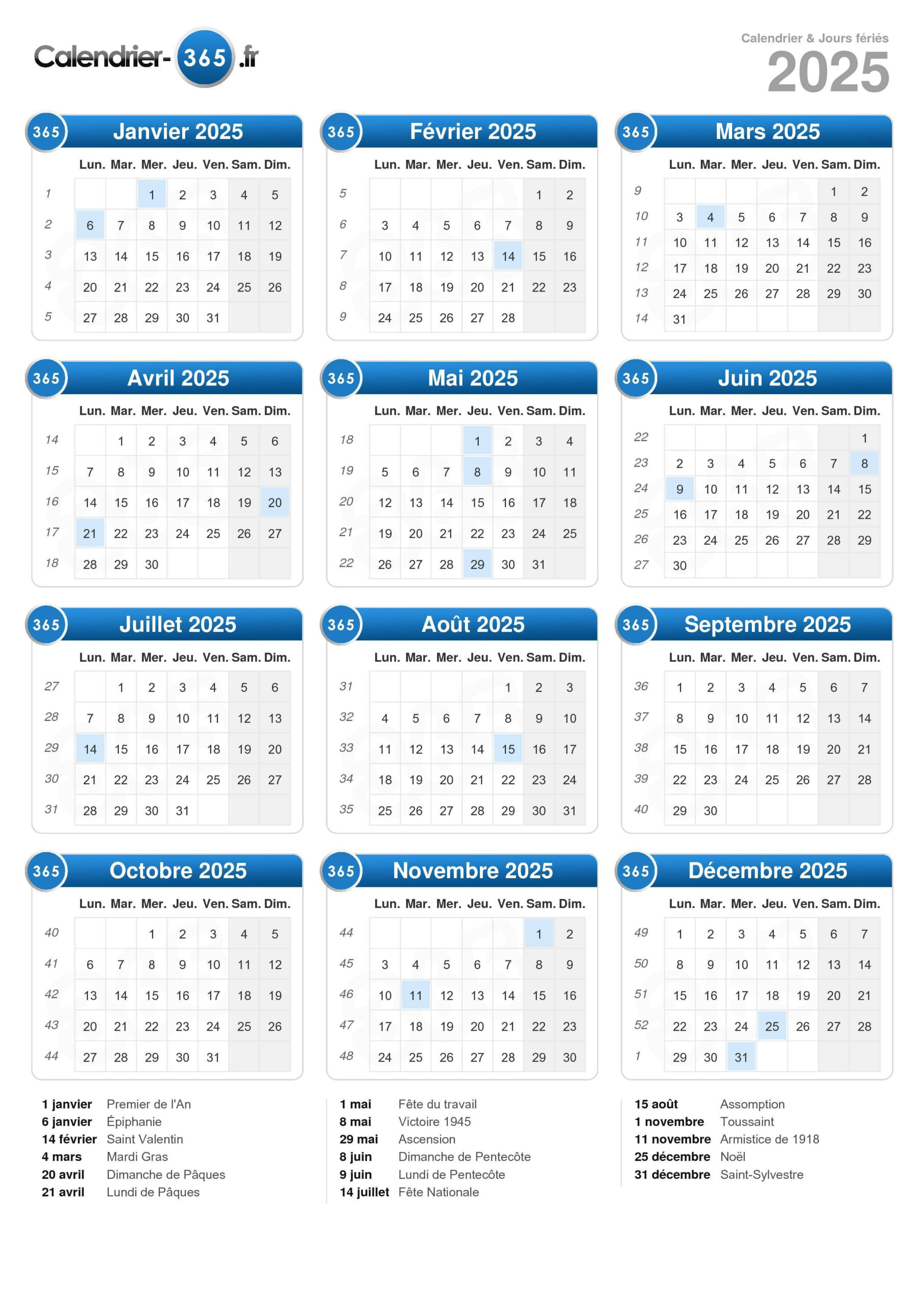 Calendrier 2025 | Calendrier 2025 Semaine