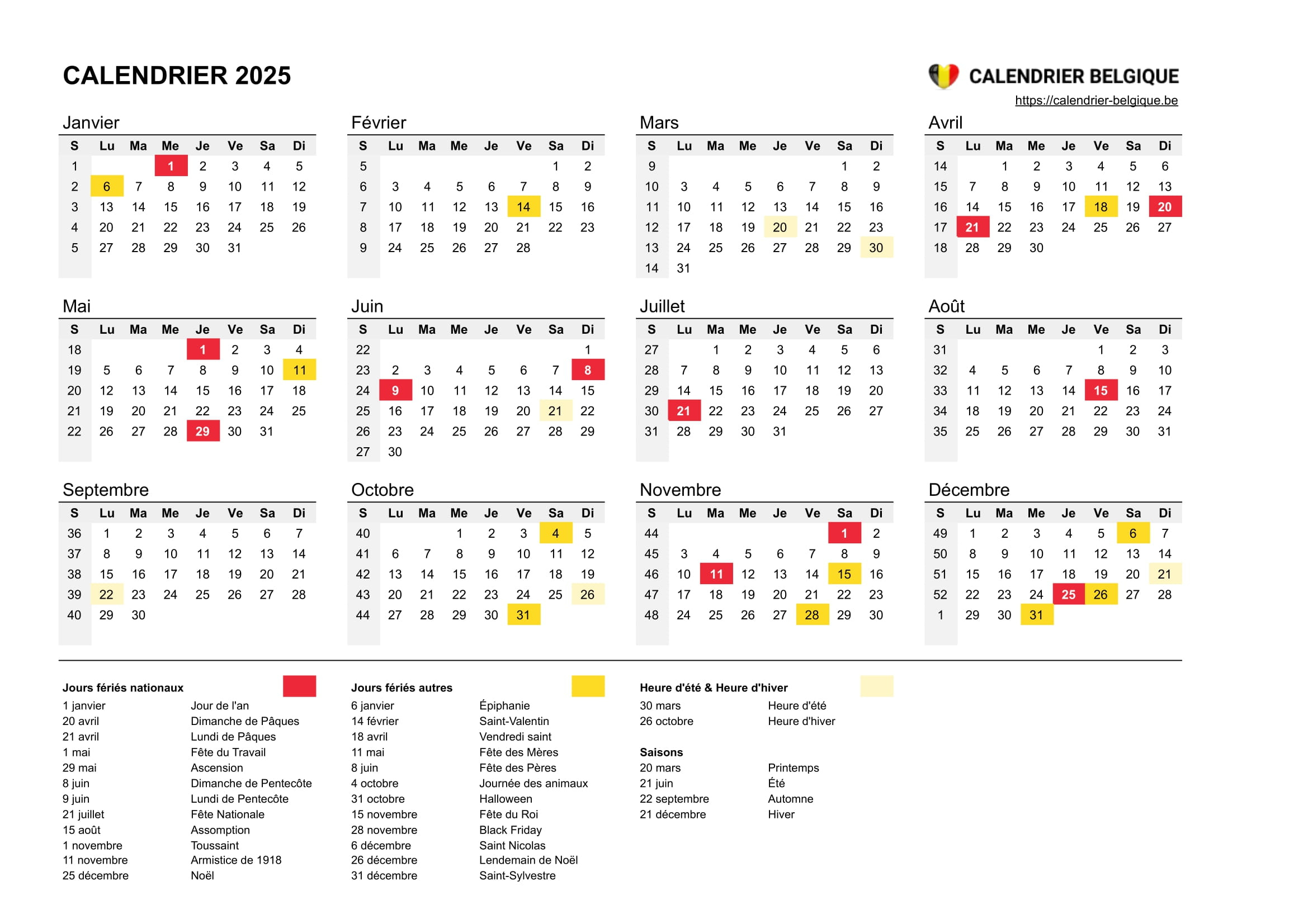 Calendrier 2025 • Calendrier Belgique | Calendrier 2025 Avec Jours Fériés Belgique