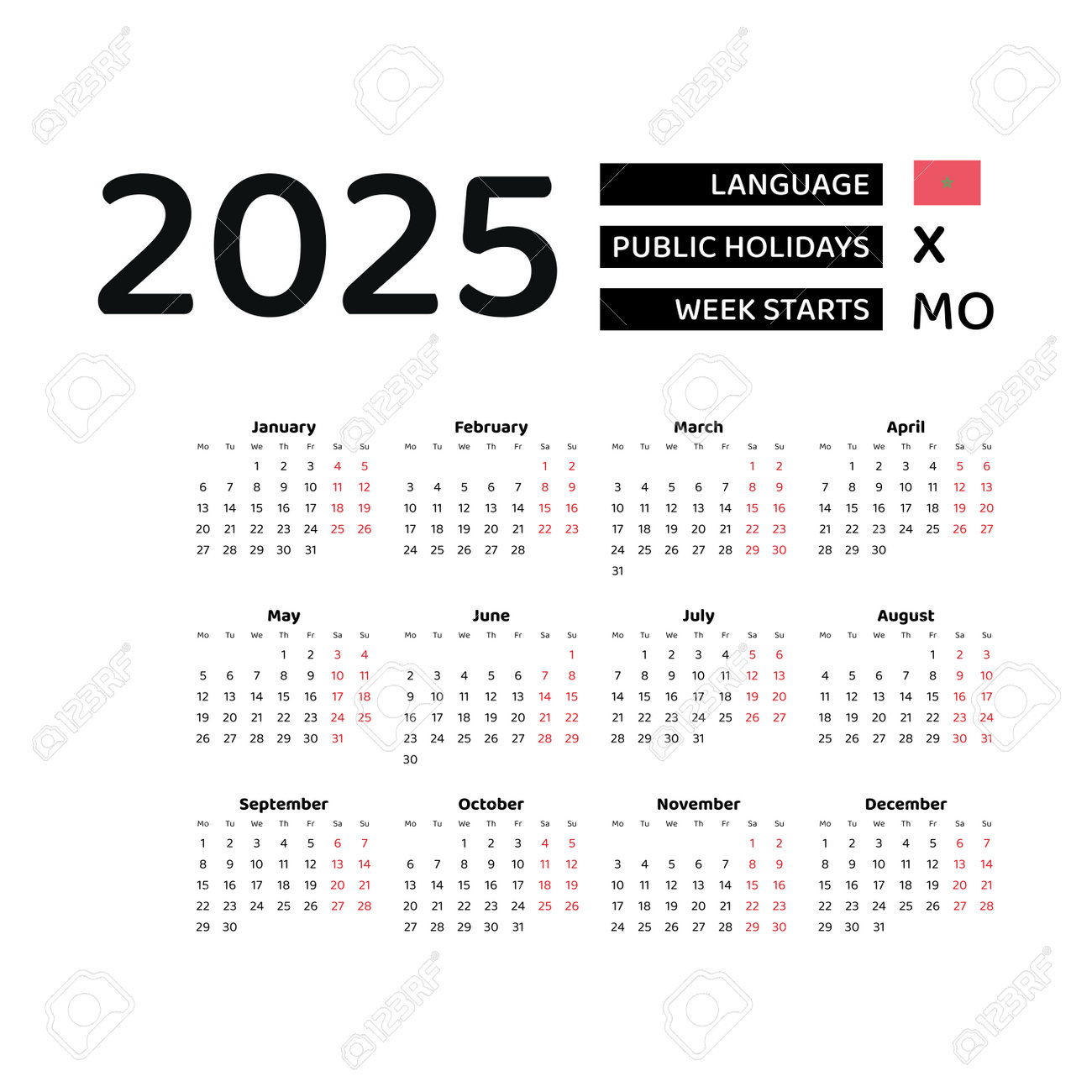 Calendrier 2025 En Anglais Avec La Semaine Des Jours Fériés Au | Calendrier 2025 Avec Jours Fériés Maroc