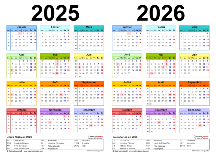 2025 Calendrier 2026 Avec Jours Fériés Vacances Scolaires à Imprimer