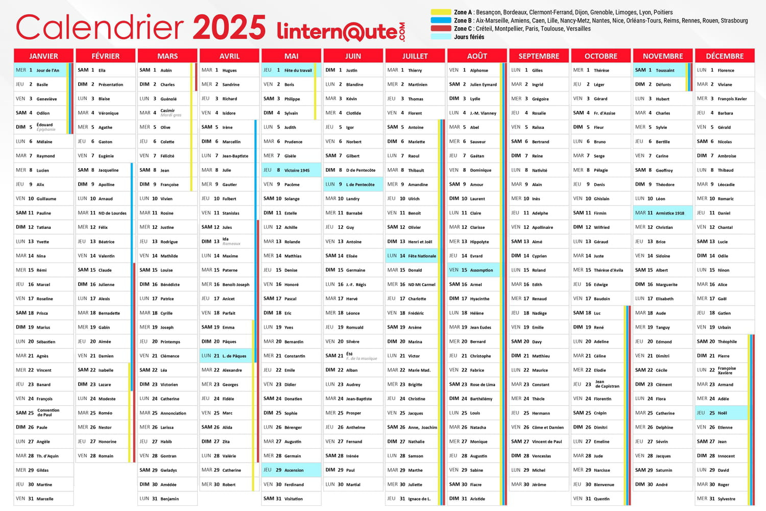 Calendrier 2025 : Le Calendrier Annuel Gratuit À Télécharger Et À | Calendrier 2025 Avec Jours Fériés Maroc