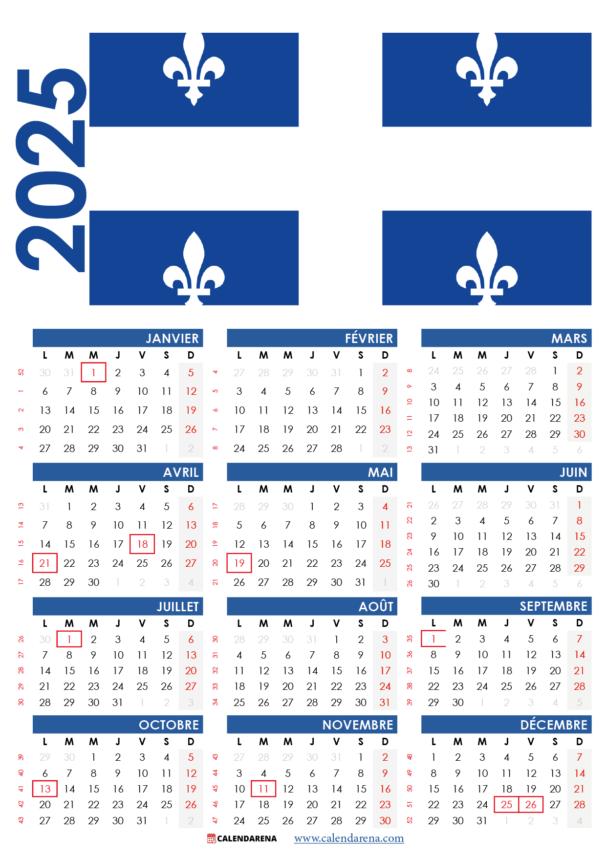 Calendrier 2025 Québec À Imprimer Gratuitement | Calendrier 2025 Avec Jours Fériés Québec