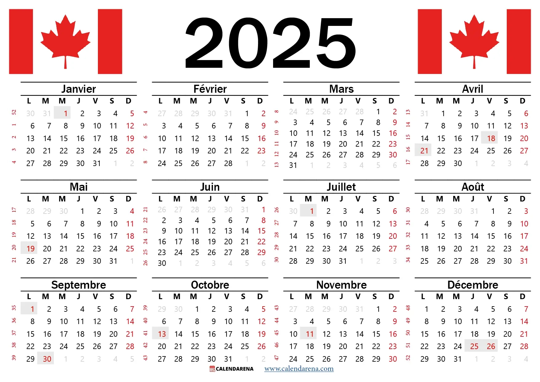 Calendrier 2025 Québec À Imprimer Gratuitement | Calendrier 2025 Gratuit À Imprimer Québec