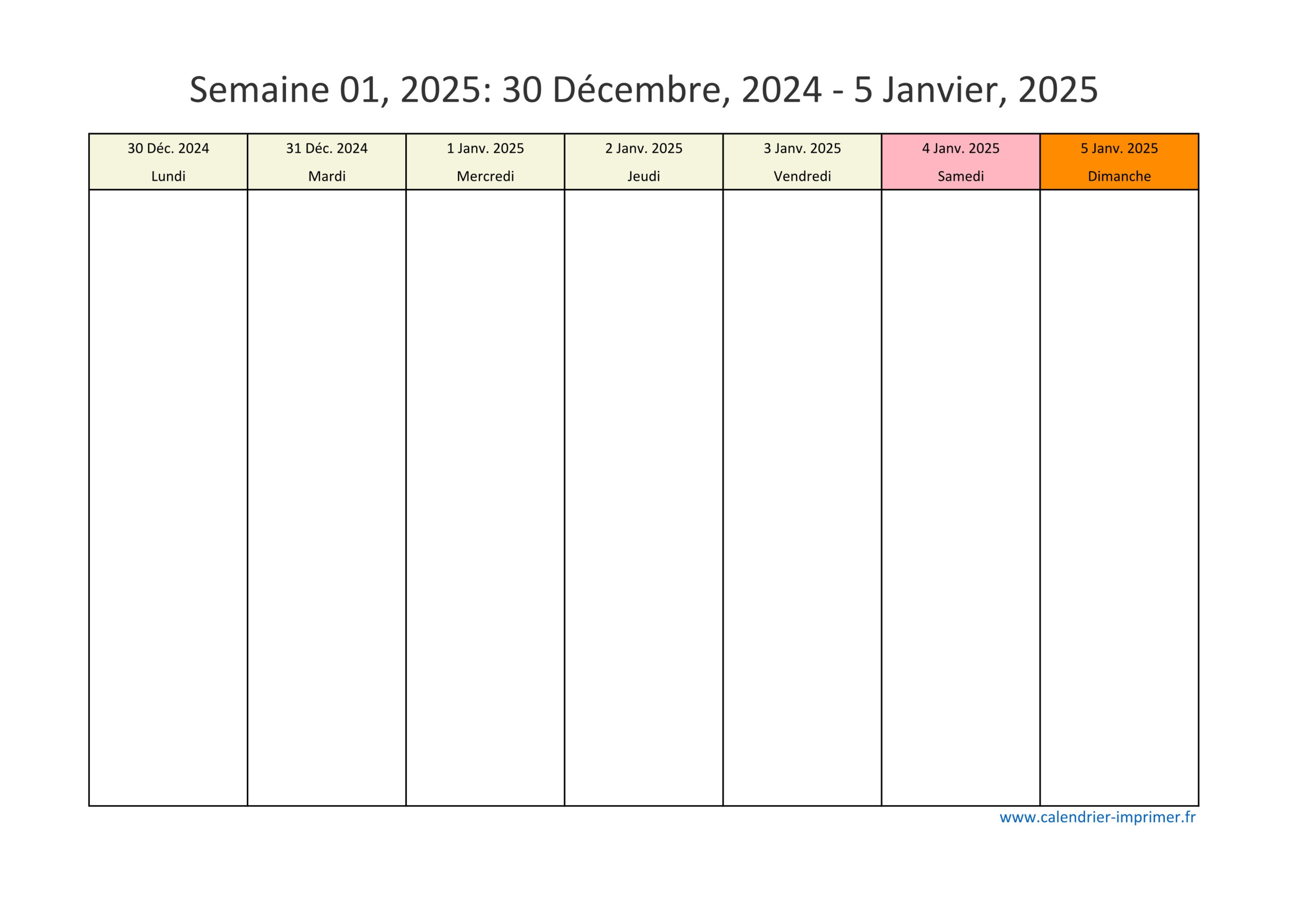 Calendrier 2025 Semaine (Planning, Hebdomadaire, Semainier) | Semainier 2025 Gratuit