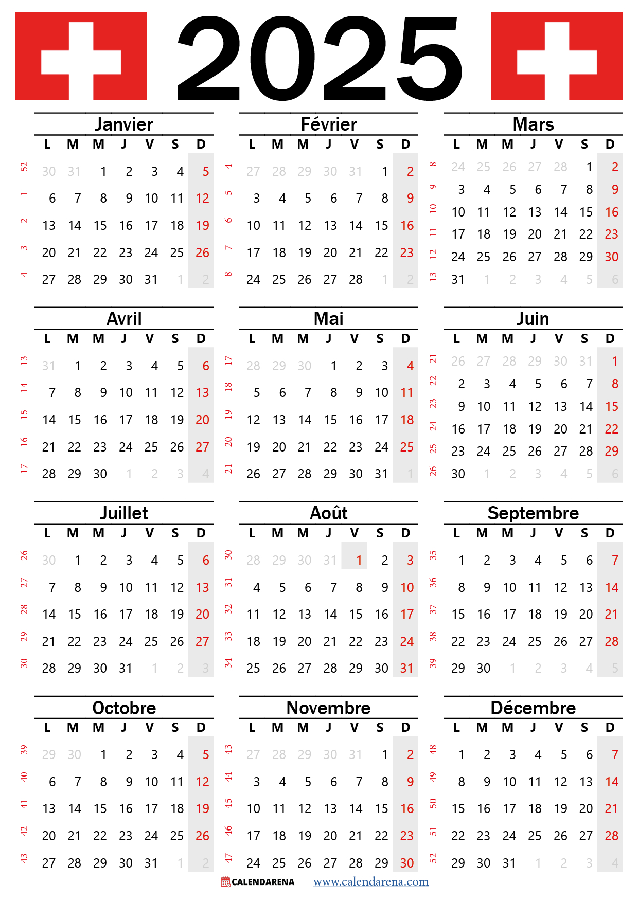 Calendrier 2025 Suisse À Imprimer Gratuitement | Calendrier 2025 Avec Jours Fériés Suisse