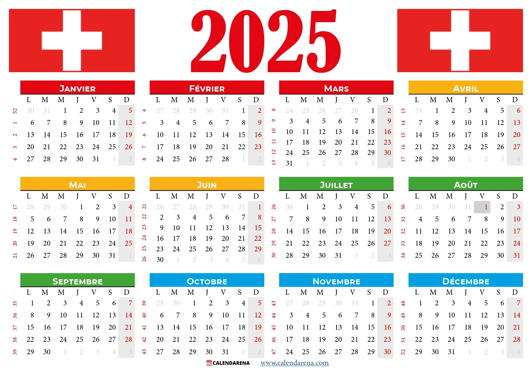 Calendrier 2025 Suisse À Imprimer Gratuitement | Calendrier 2025 Avec Jours Fériés Suisse