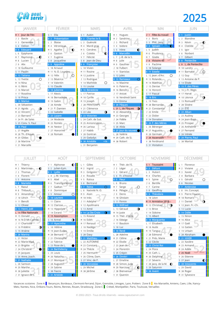 Calendrier 2025 à Imprimer Vacances Scolaires