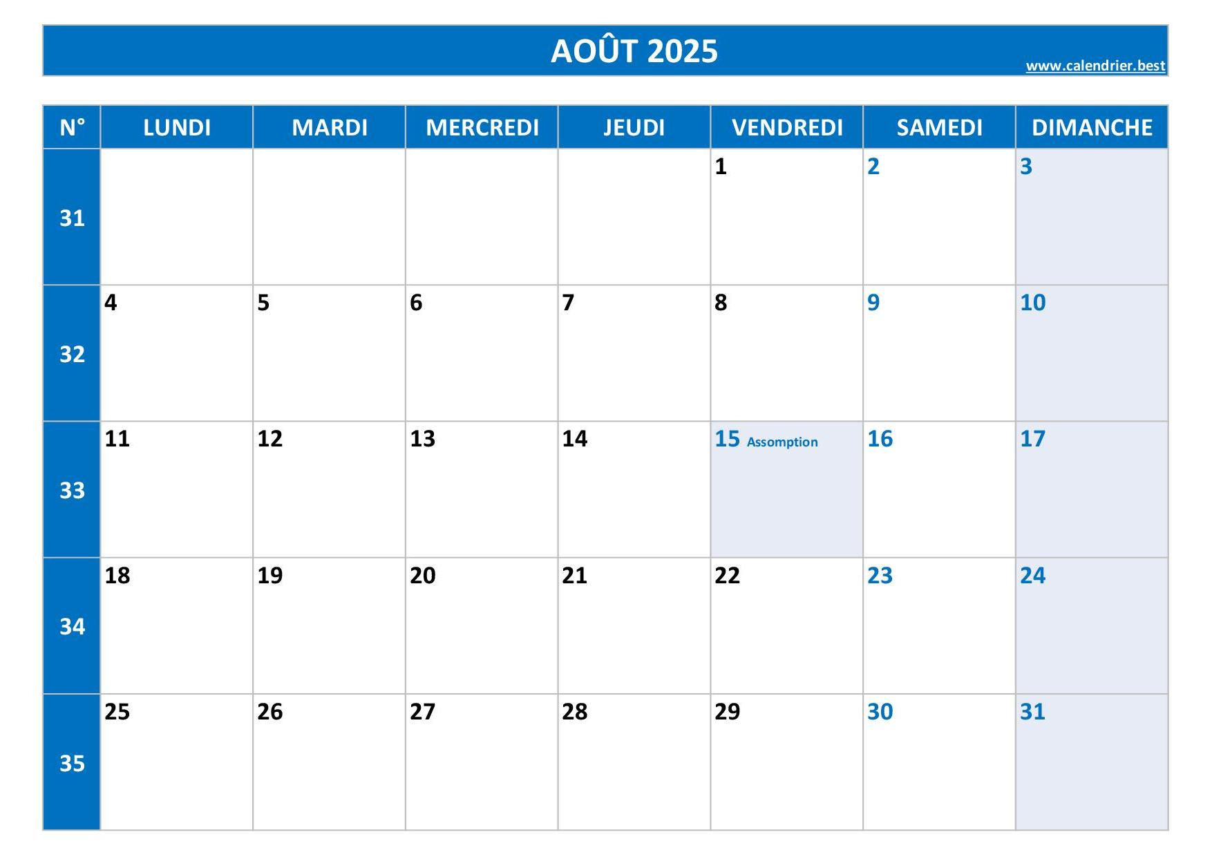 Calendrier Août 2025 À Consulter Ou Imprimer -Calendrier.best | Calendrier Aout 2025