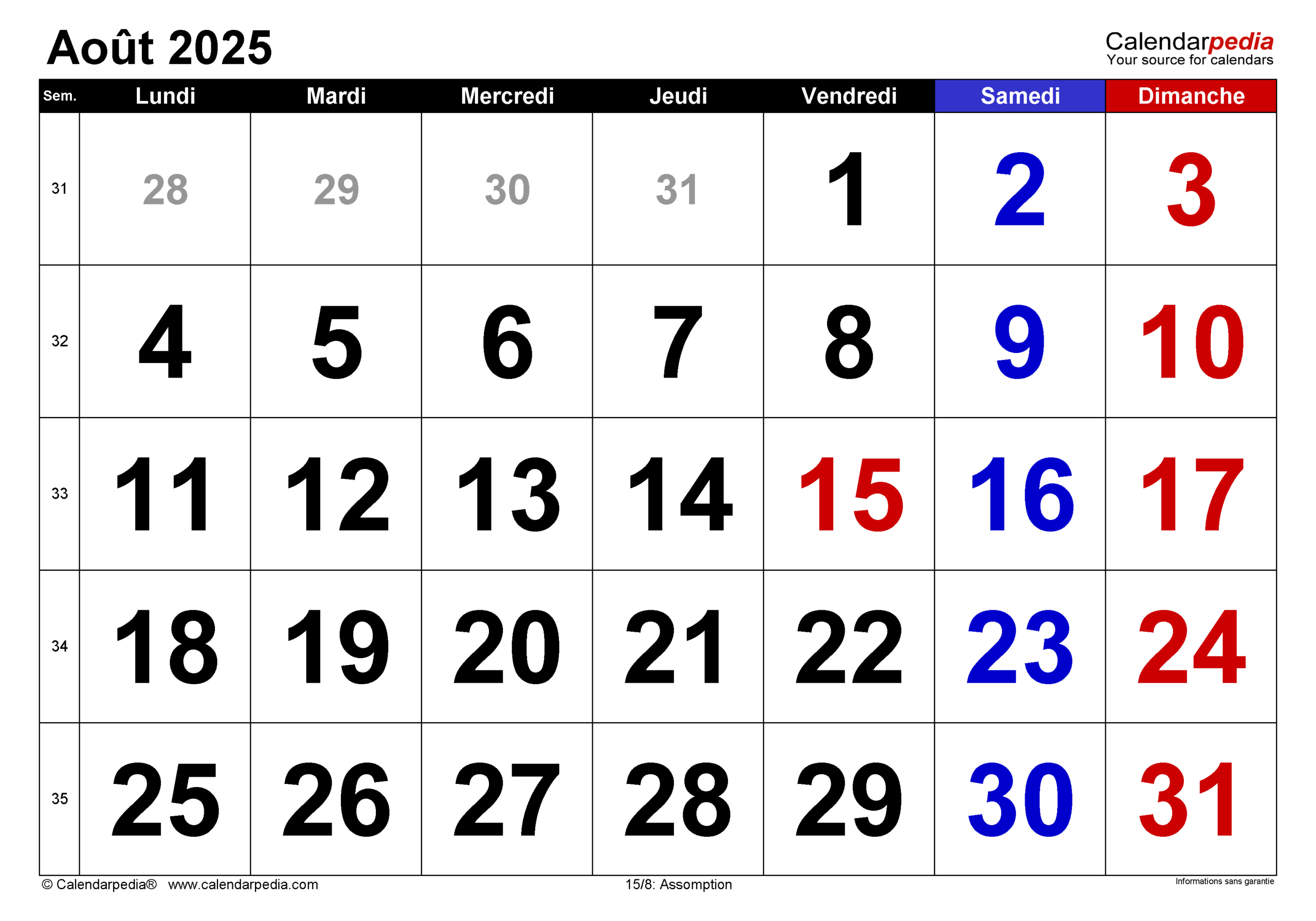 Calendrier Août 2025 Excel, Word Et Pdf - Calendarpedia | Calendrier Aout 2025