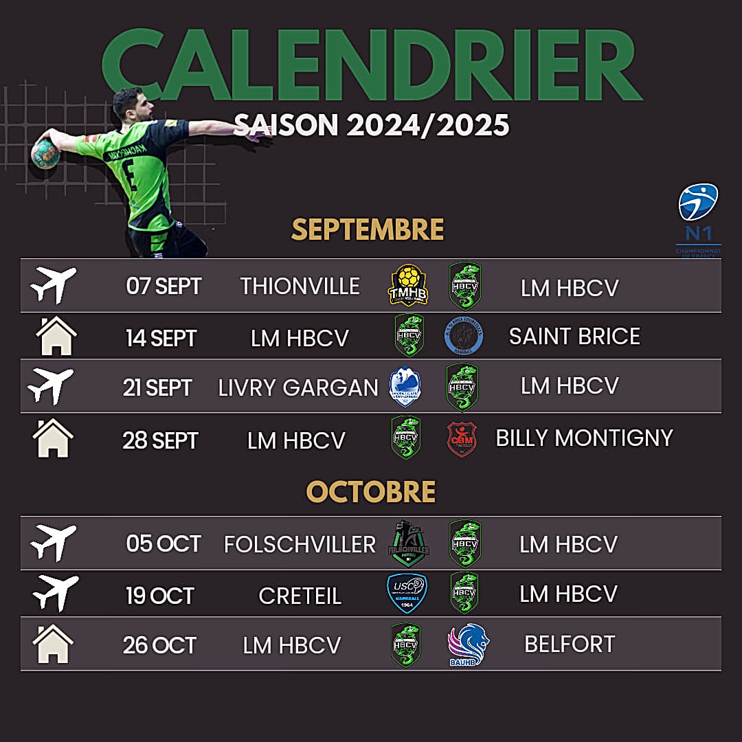 Calendrier Des Matchs N1 | Lmhbcv | Calendrier Handball 2024 2025 N1