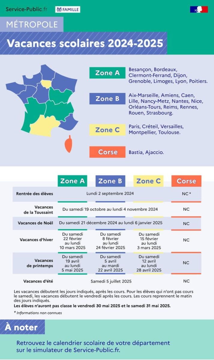 Calendrier Des Vacances Scolaires 2024 - 2025 En France | Calendrier Vacances Scolaires 2025 France