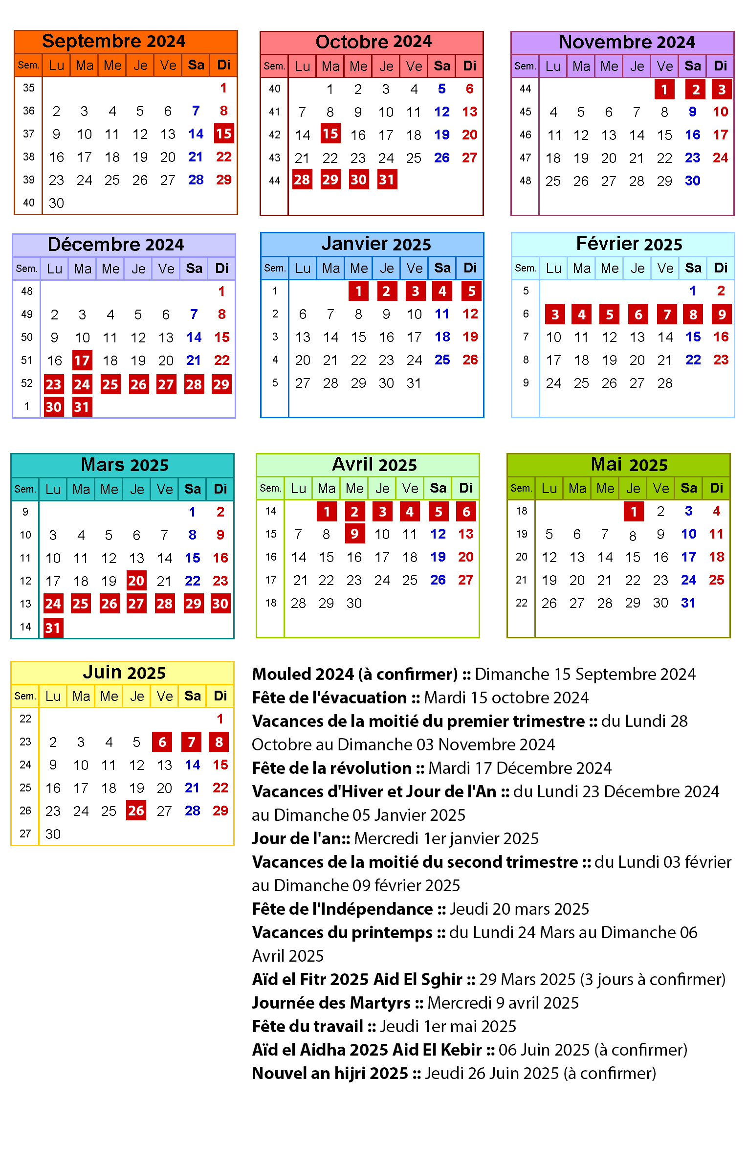 Calendrier Des Vacances Scolaires Et Jours Fériés 2024 - 2025 En | Calendrier 2025 Avec Jours Fériés Tunisie