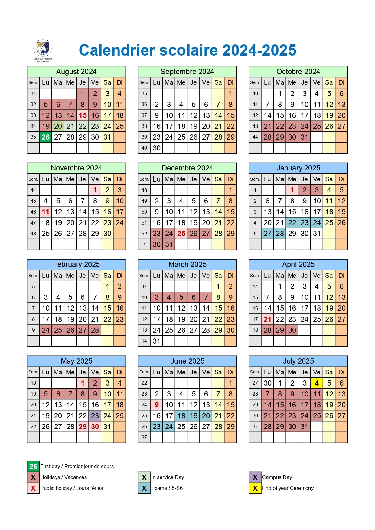 Calendrier - Europeanschool | Calendrier Scolaire 2024 2025 Belgique