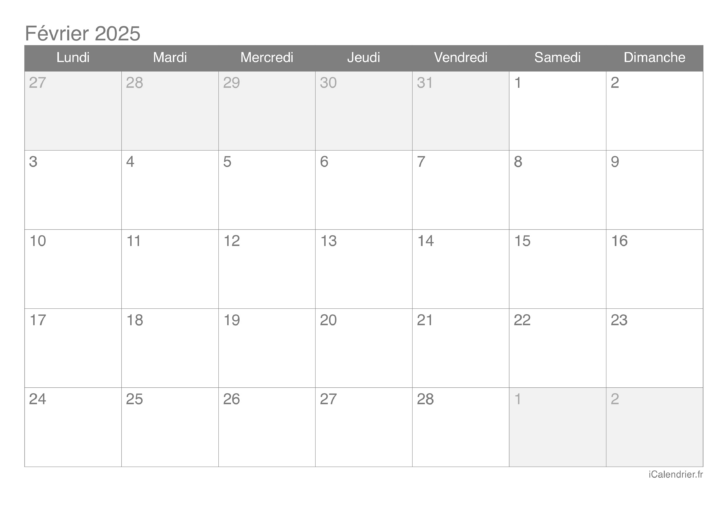 Calendrier Fevrier 2025