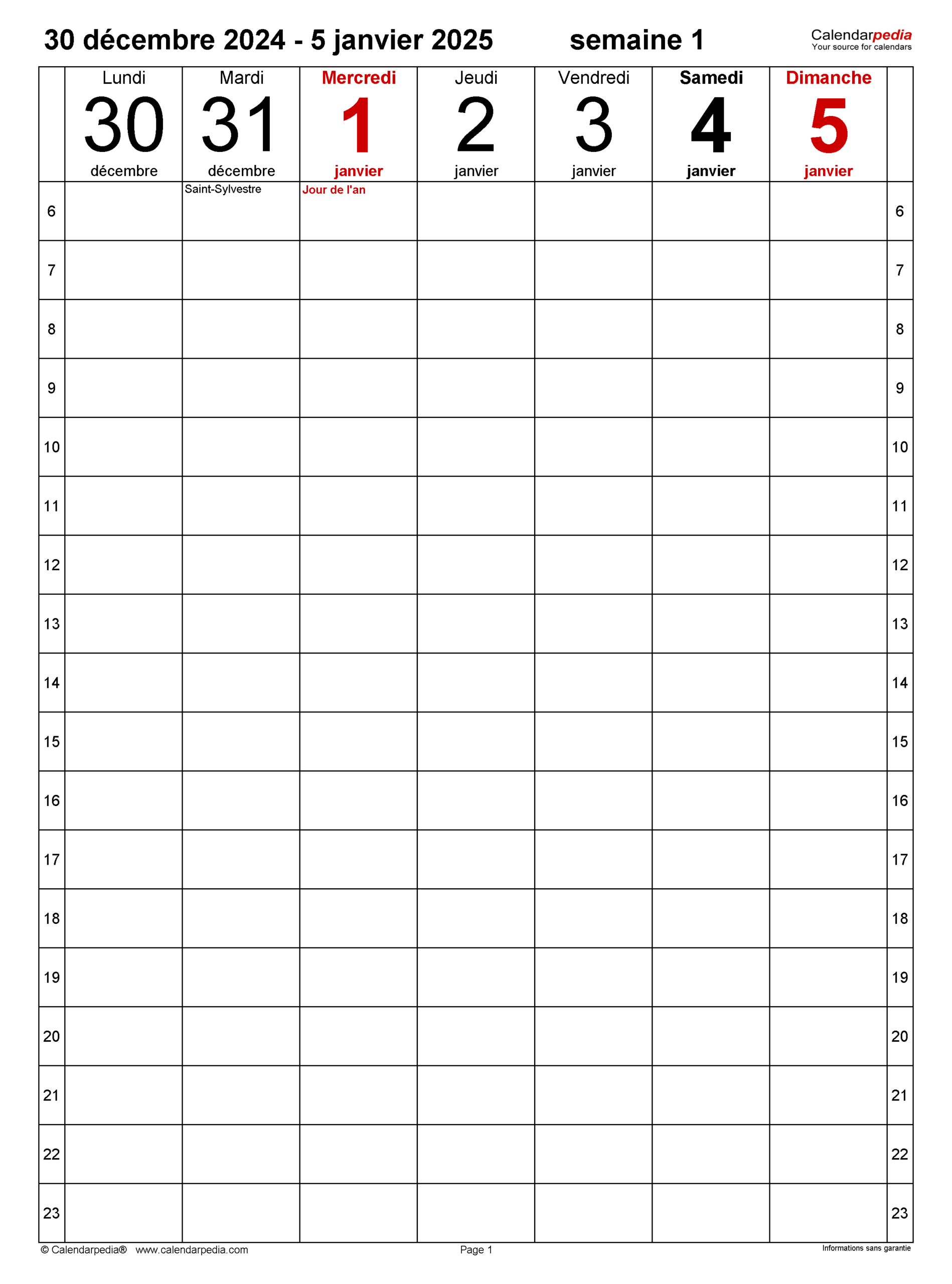 Calendrier Hebdomadaire 2025 Excel, Word Et Pdf | Semainier 2025 Gratuit