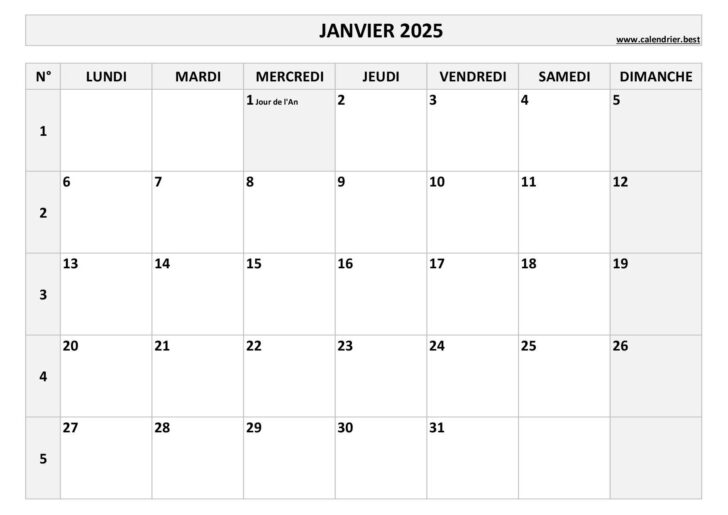 Calendrier Janvier 2025 Avec Semaines