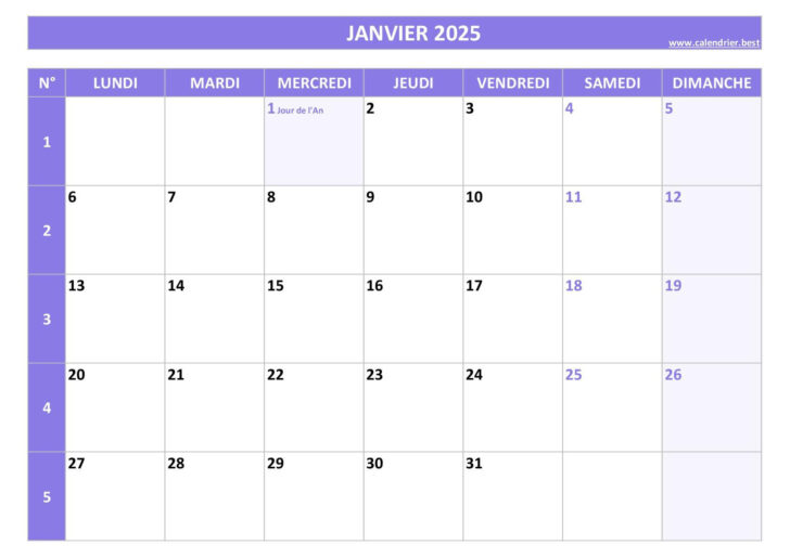 Calendrier Janvier 2025 Vierge