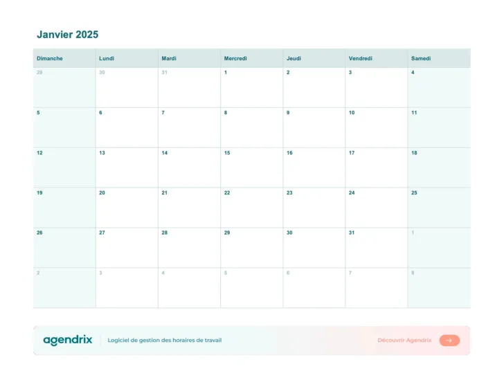 Calendrier Janvier 2025 Gratuit