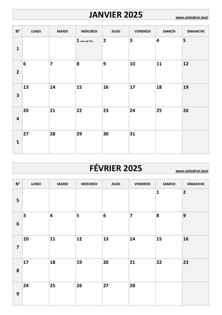 Calendrier Janvier Fevrier 2025