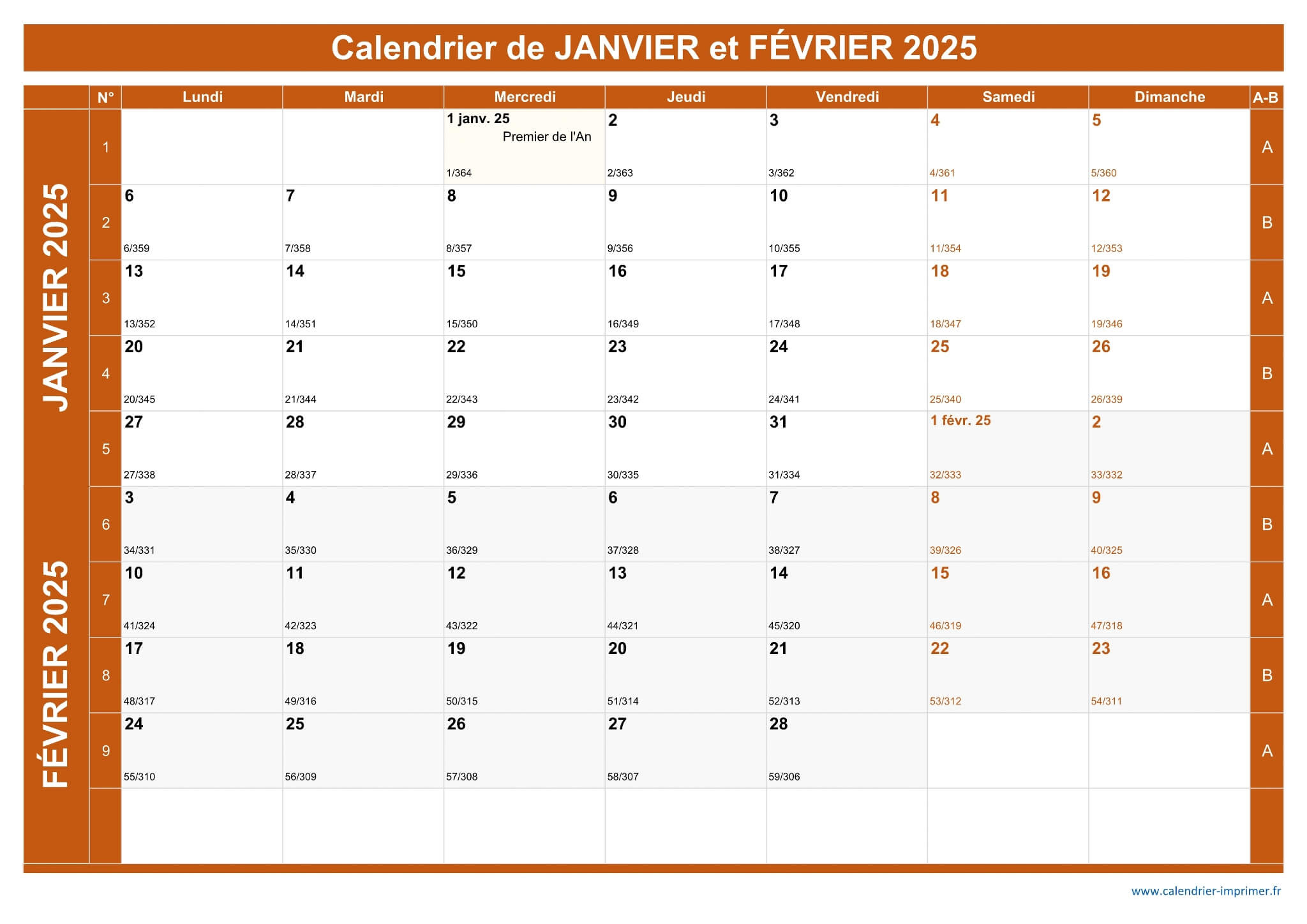 Calendrier Janvier Et Février 2025 À Imprimer | Calendrier Janvier Fevrier 2025