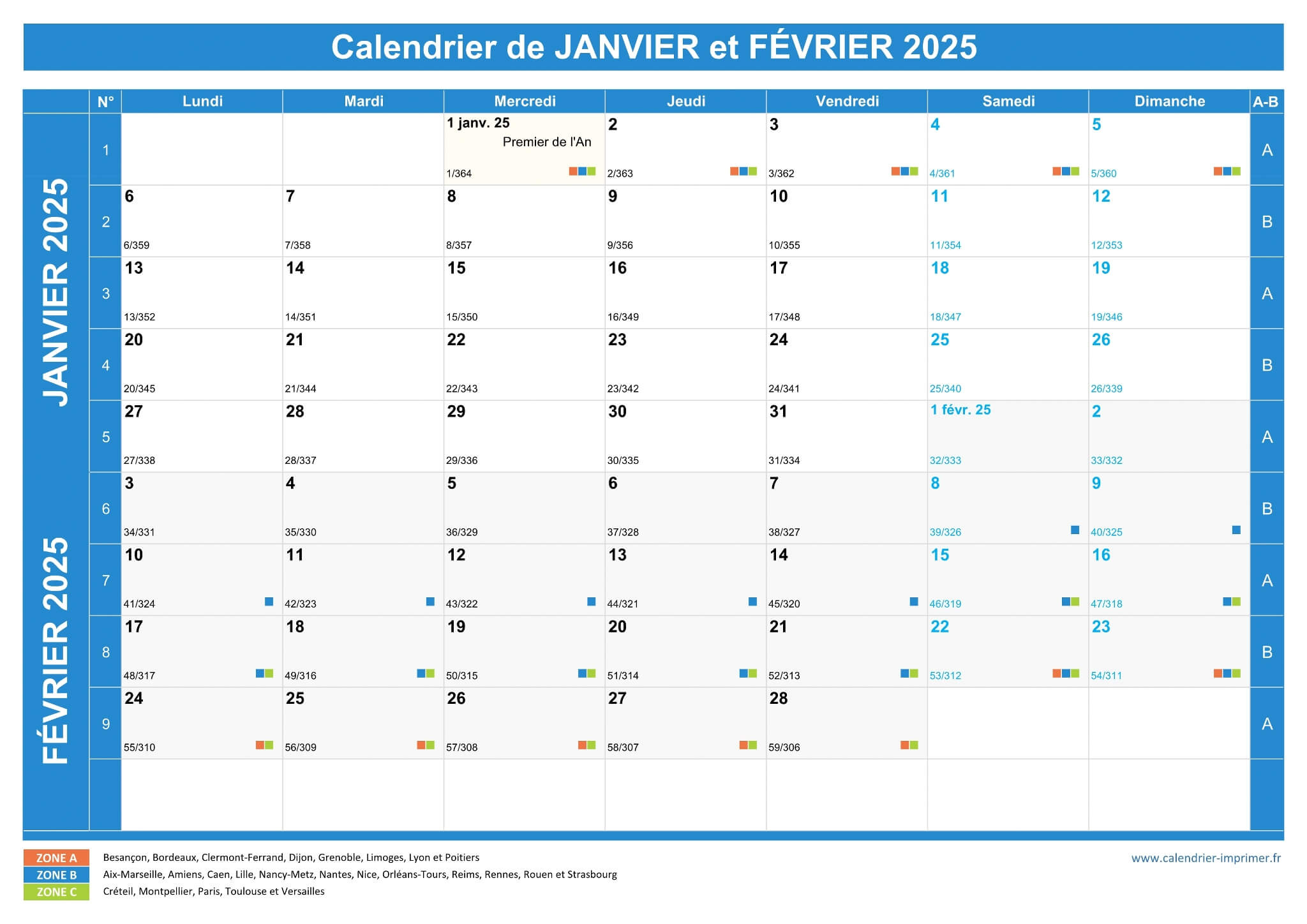 Calendrier Janvier Et Février 2025 À Imprimer | Calendrier Janvier Fevrier 2025