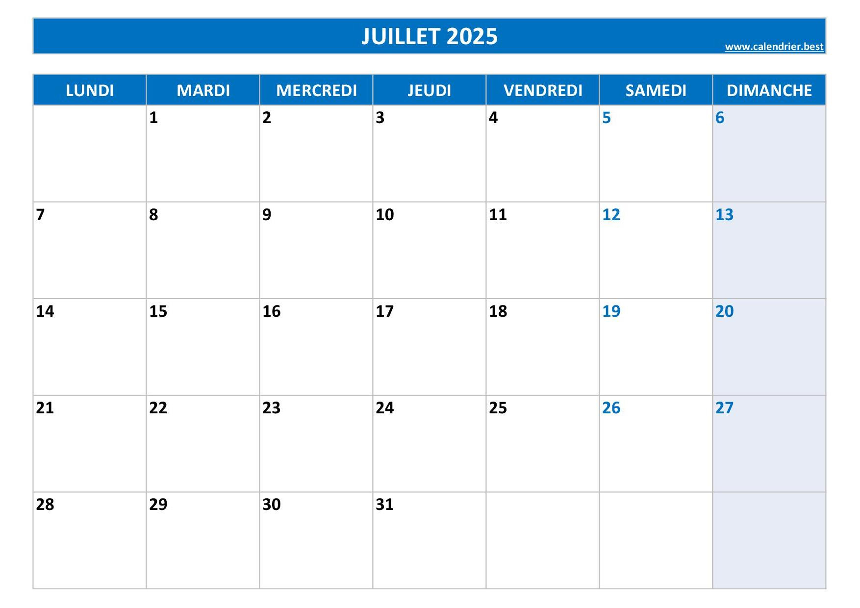 Calendrier Juillet 2025 À Consulter Ou Imprimer -Calendrier.best | Calendrier Juillet 2025