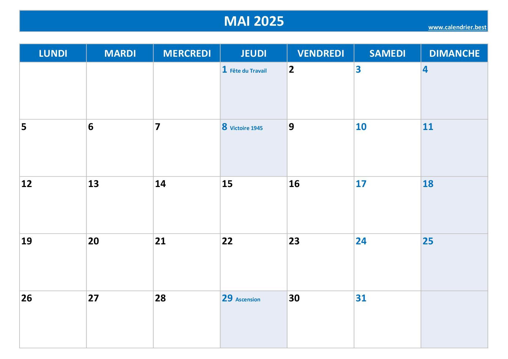 Calendrier Mai 2025 À Consulter Ou Imprimer -Calendrier.best | Calendrier Mai 2025 Avec Jours Fériés