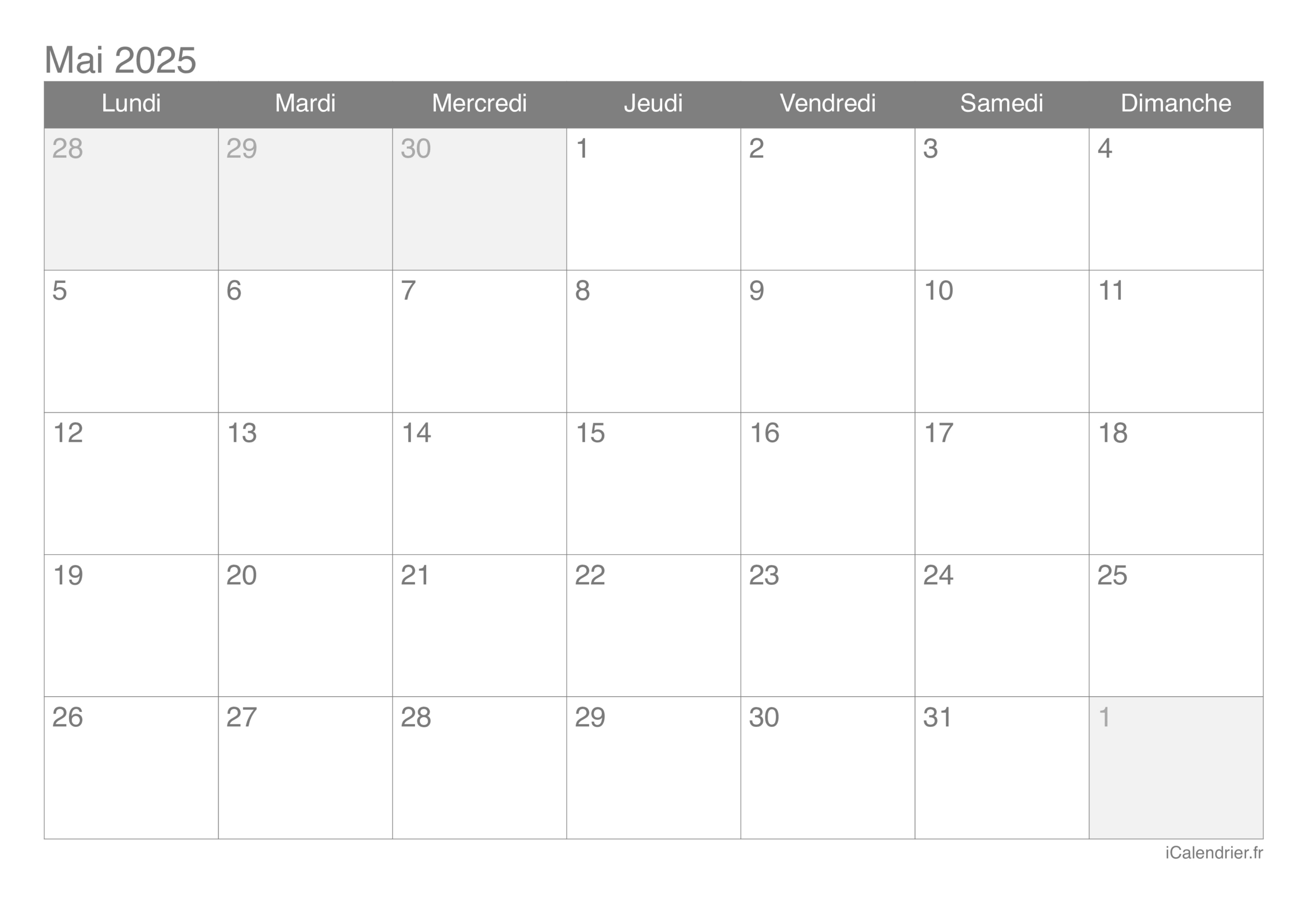 Calendrier Mai 2025 À Imprimer | Calendrier Mai 2025
