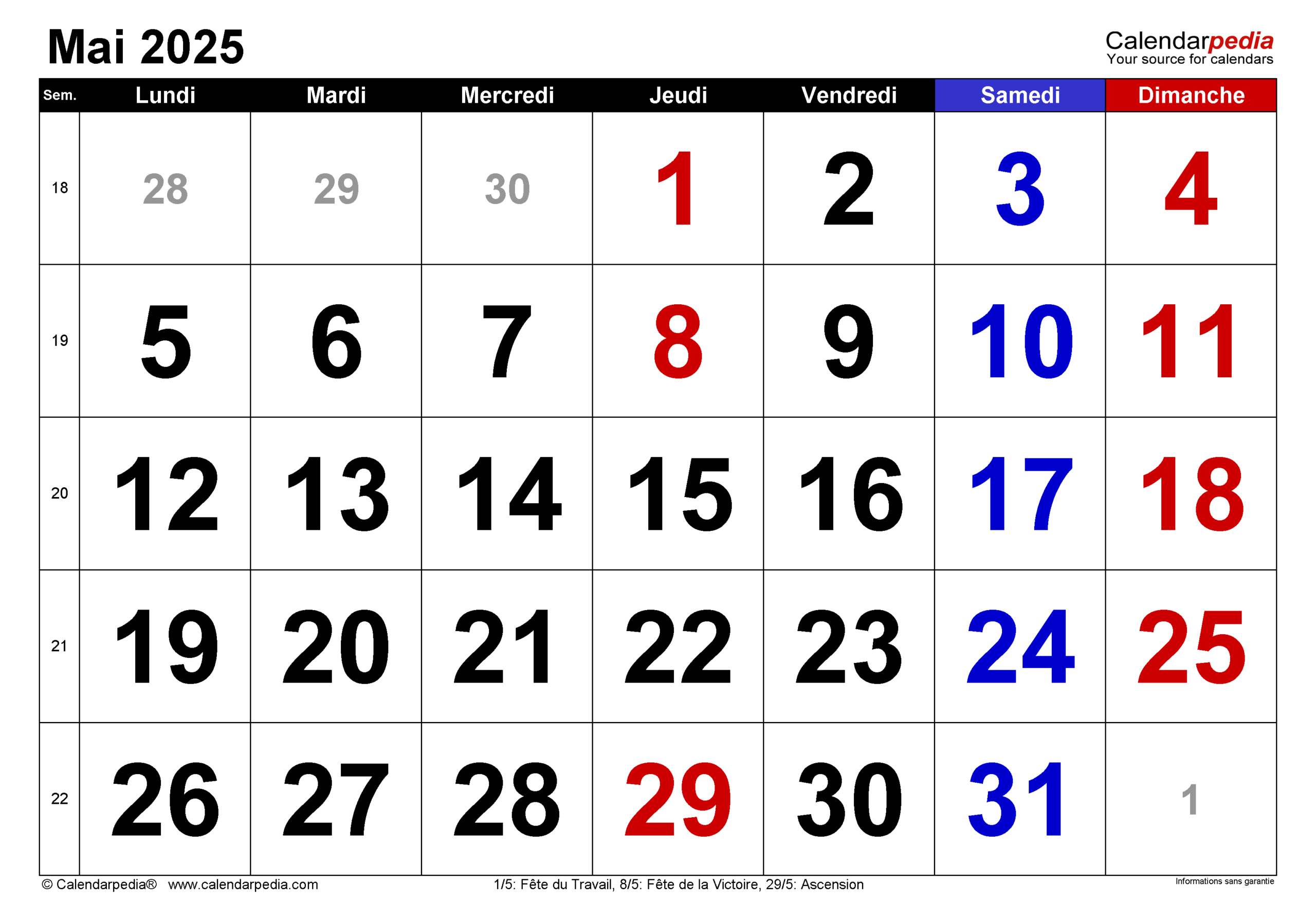 Calendrier Mai 2025 Excel, Word Et Pdf - Calendarpedia | Calendrier Mai 2025 Avec Jours Fériés