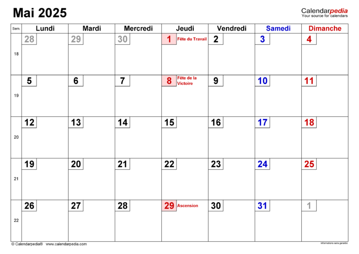 Calendrier Mai 2025 Avec Jours Fériés