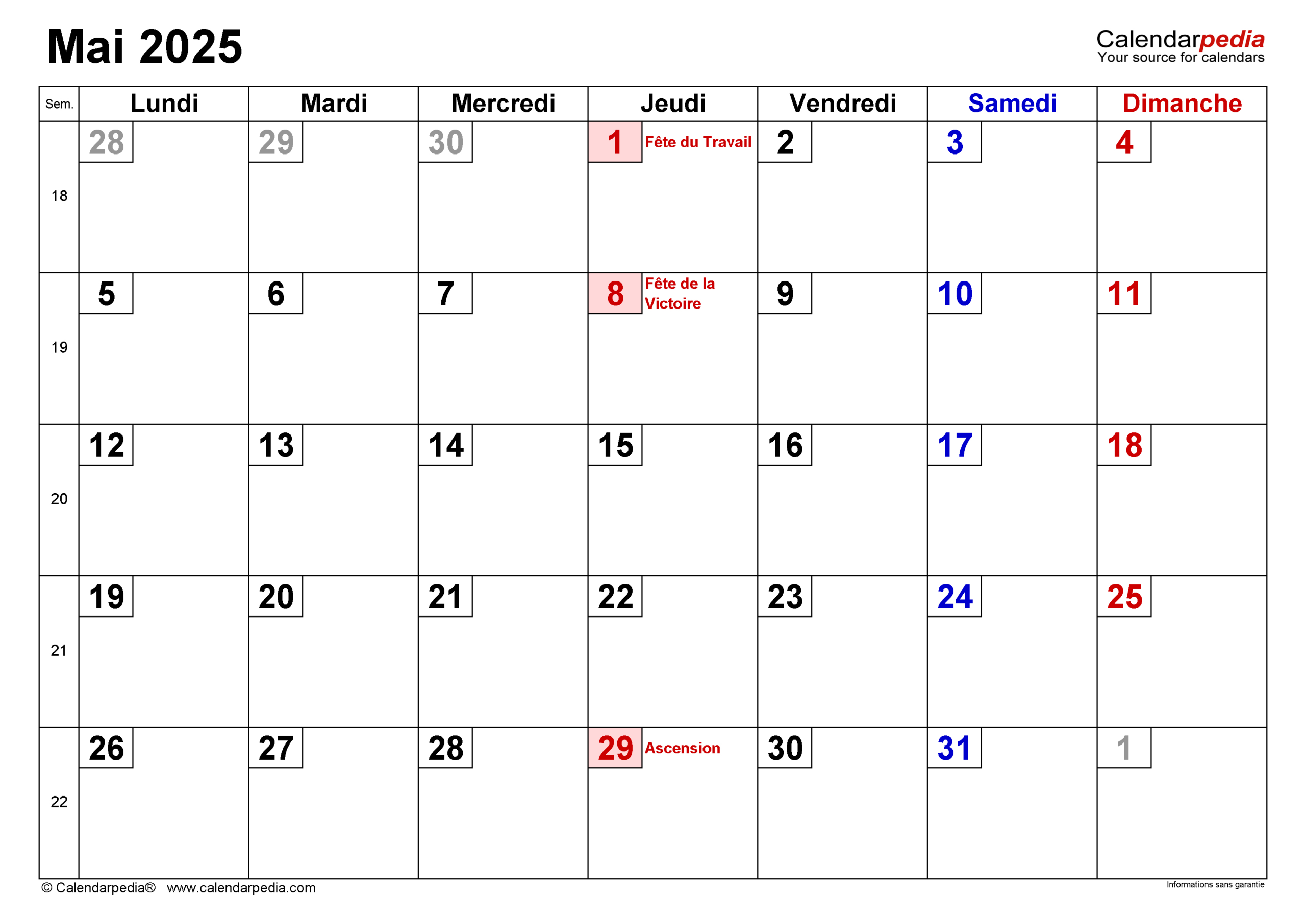 Calendrier Mai 2025 Excel, Word Et Pdf - Calendarpedia | Calendrier Mai 2025 Avec Jours Fériés