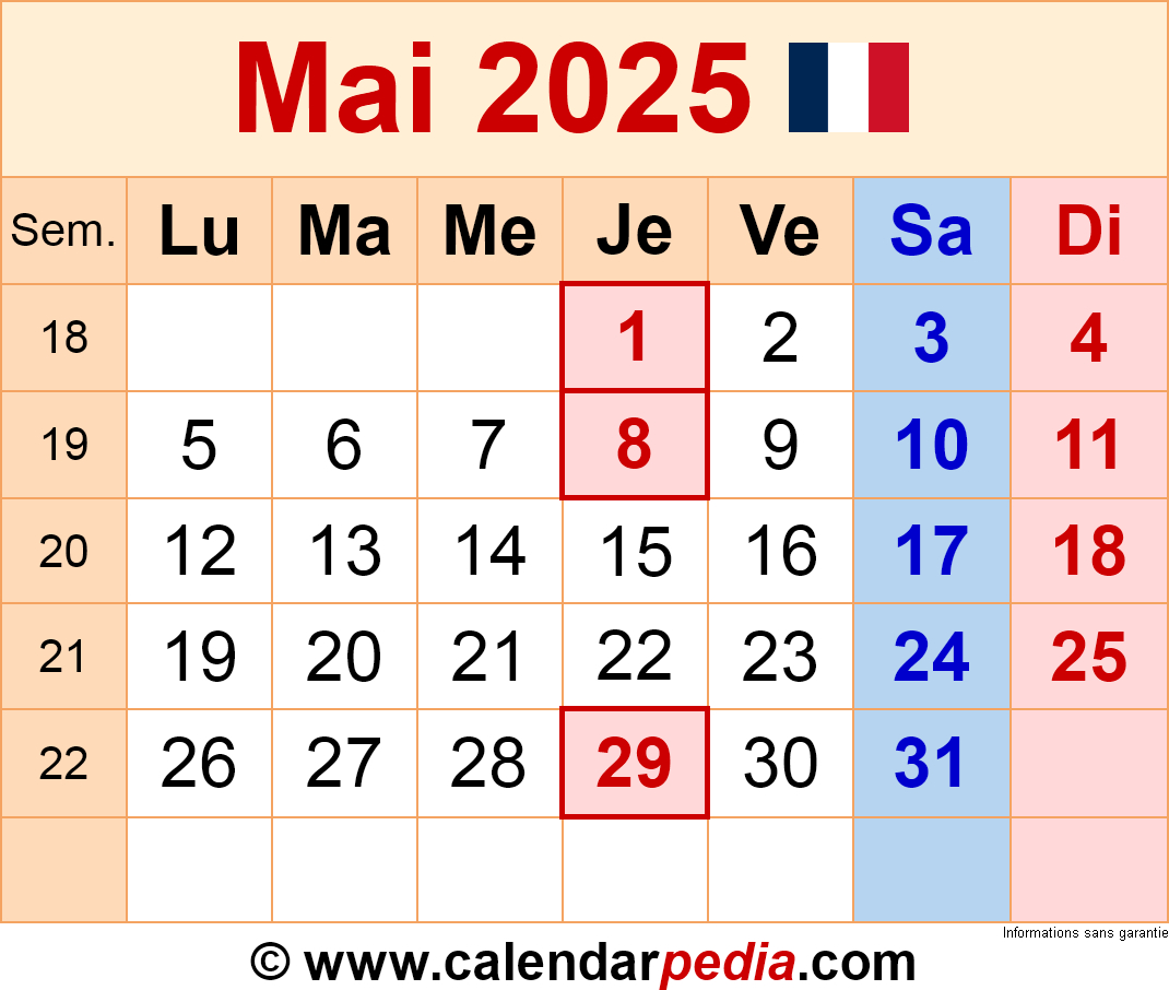 Calendrier Mai 2025 Excel, Word Et Pdf - Calendarpedia | Calendrier Mai 2025 Avec Jours Fériés